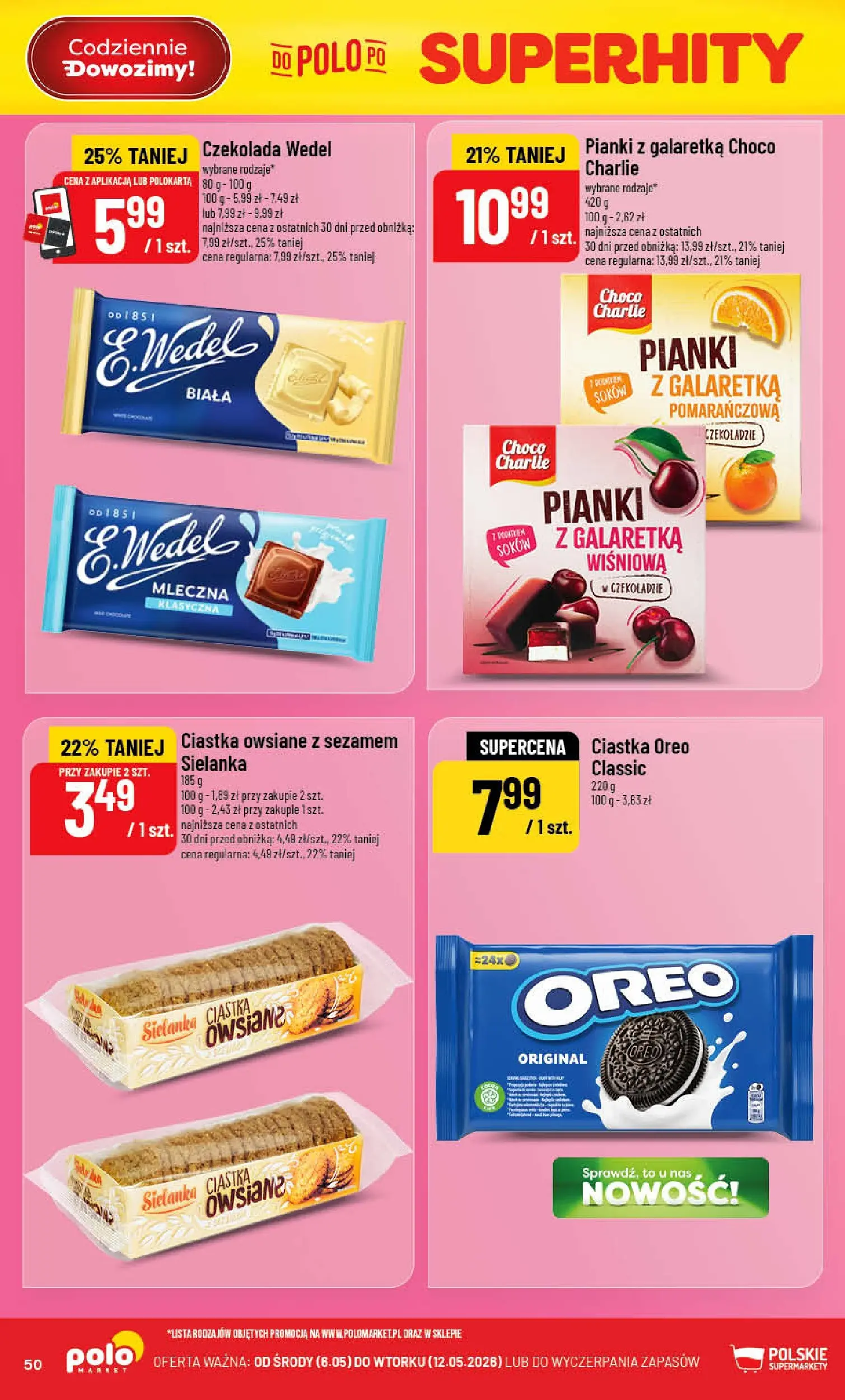 Nowa POLOmarket gazetka od jutra 06.05.2026 | Strona: 50 | Produkty: Galaretka, Ciastka Oreo, Pianki, Czekolada
