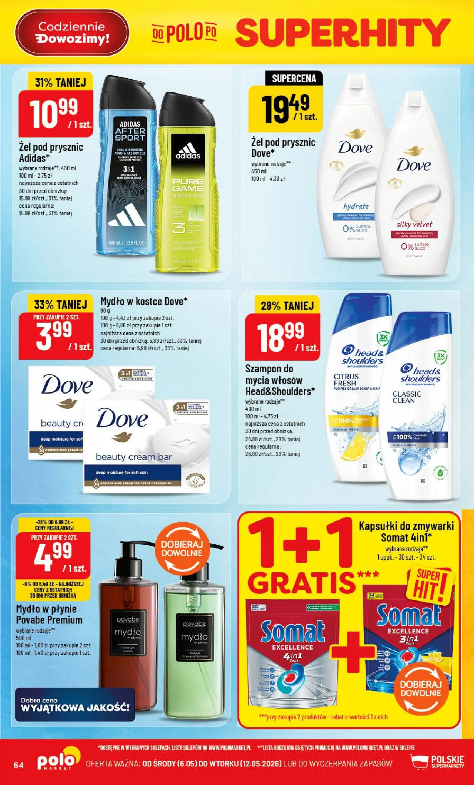 Nowa POLOmarket gazetka od jutra 06.05.2026 | Strona: 64 | Produkty: Mydło w płynie, Mydło, Żel pod prysznic, Kapsułki do zmywarki