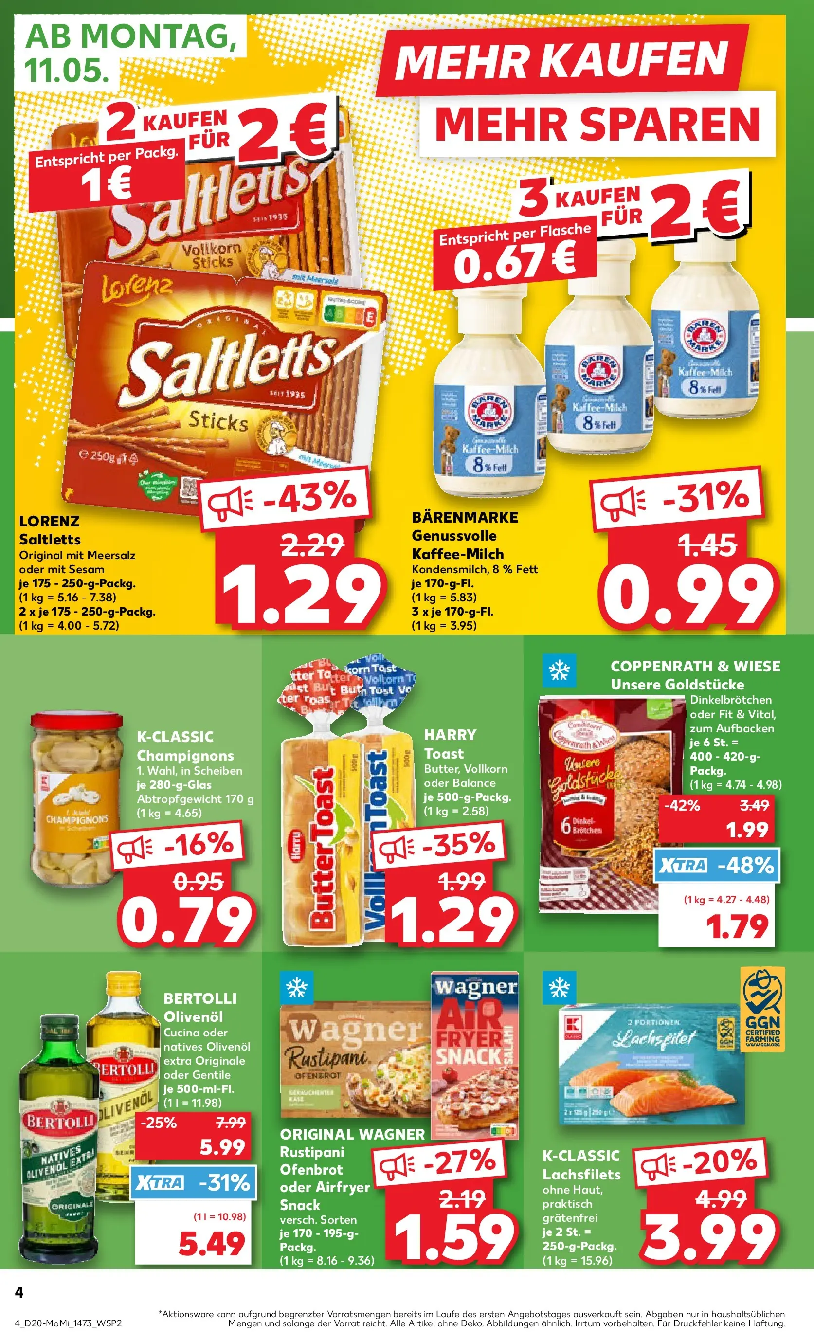 Prospekt Kaufland ab 10.05.2026 » Angebote Online zum Blättern | Seite: 4 | Produkte: Milch, Toast, Bertolli olivenol, Champignons