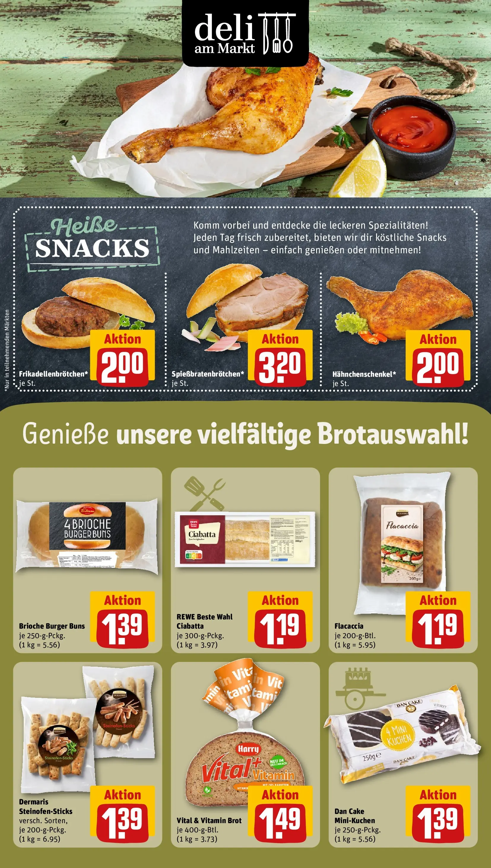 REWE Prospekt ab 10.05.2026 zum Blättern » Angebote | Seite: 15 | Produkte: Hahnchenschenkel, Burger, Brot, Kuchen
