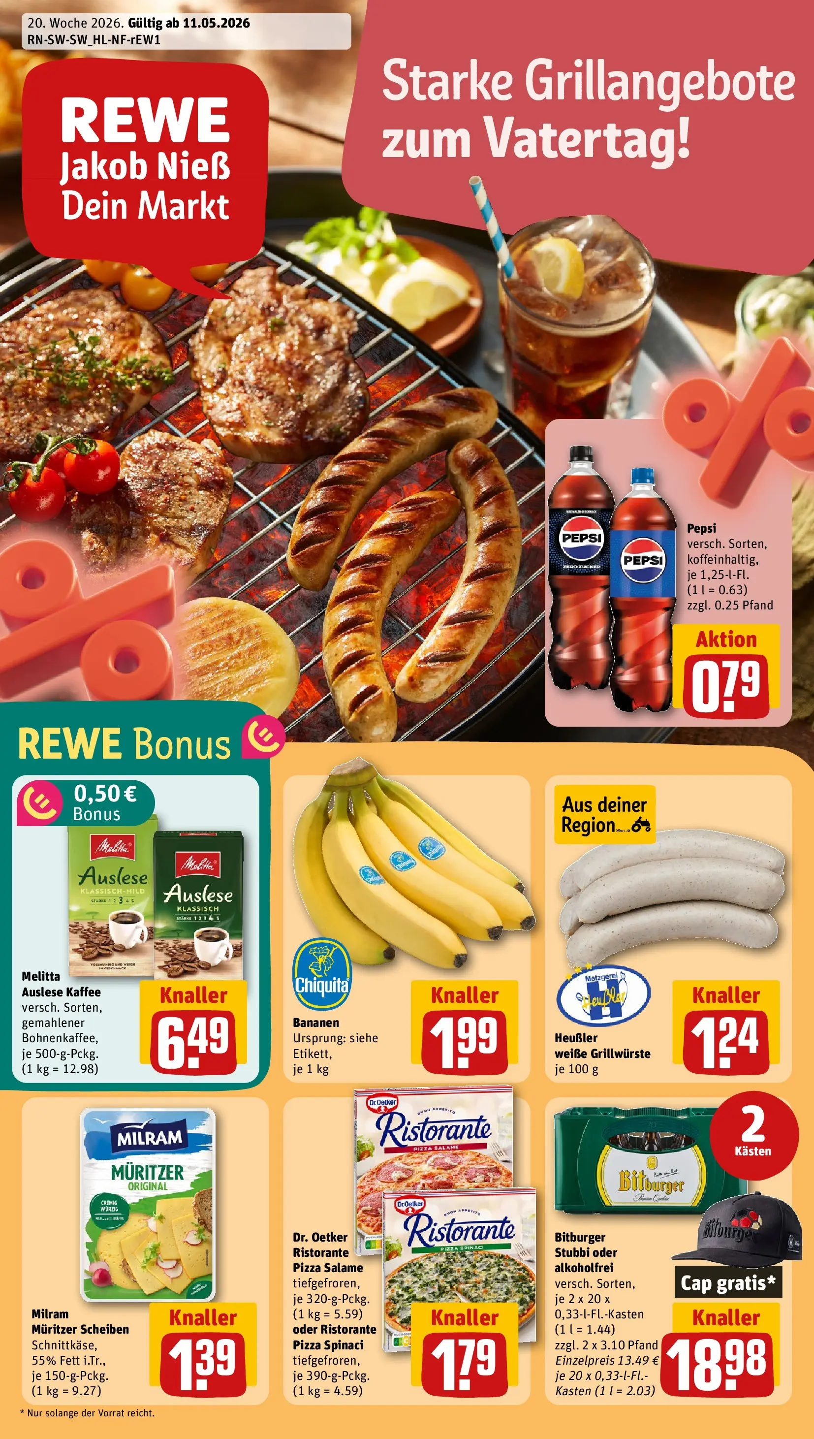 REWE Prospekt ab 10.05.2026 zum Blättern » Angebote | Seite: 1 | Produkte: Kaffee, Bananen, Milram, Pizza