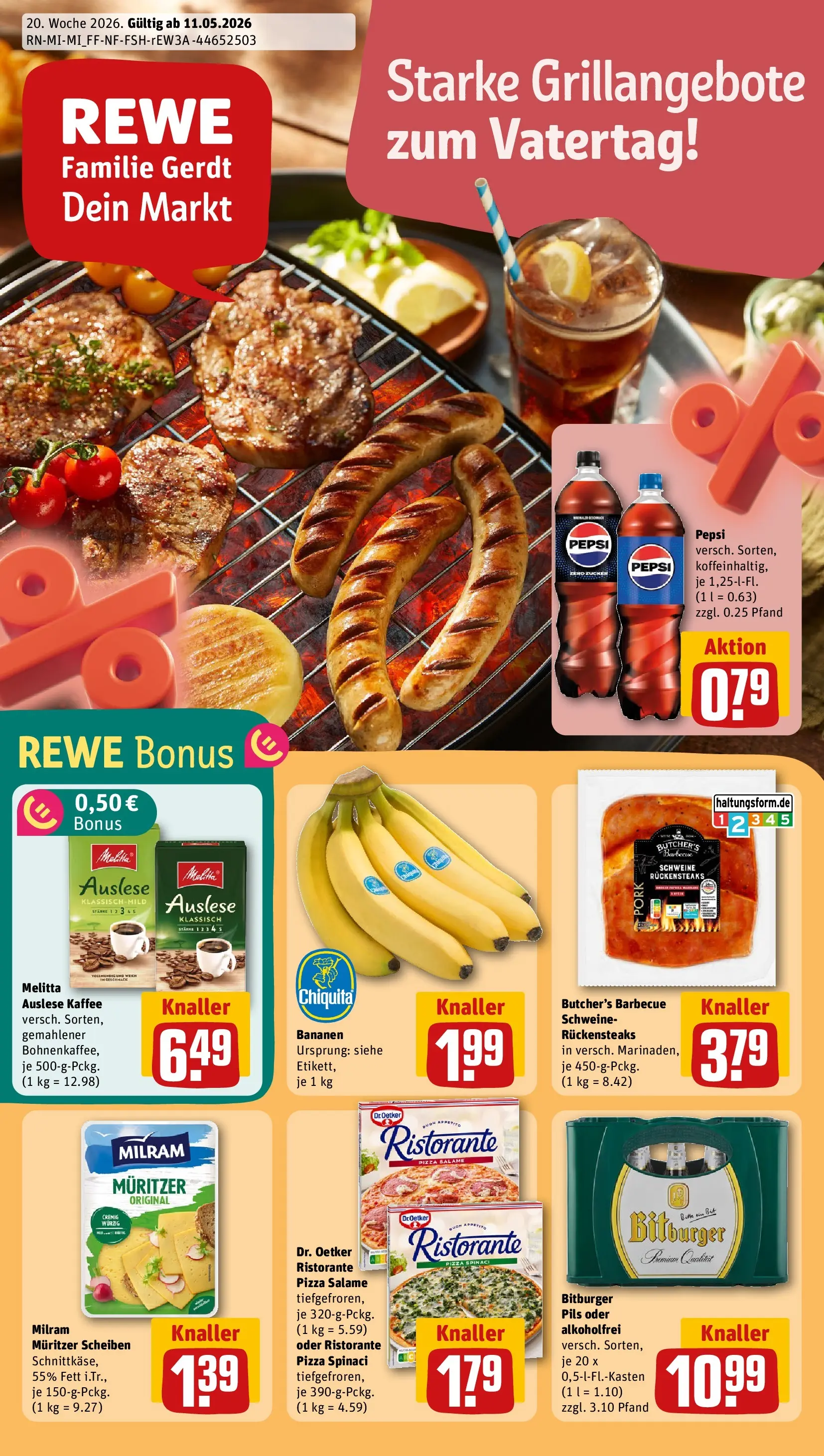 REWE Prospekt ab 10.05.2026 zum Blättern » Angebote | Seite: 1 | Produkte: Melitta, Bananen, Milram, Steak