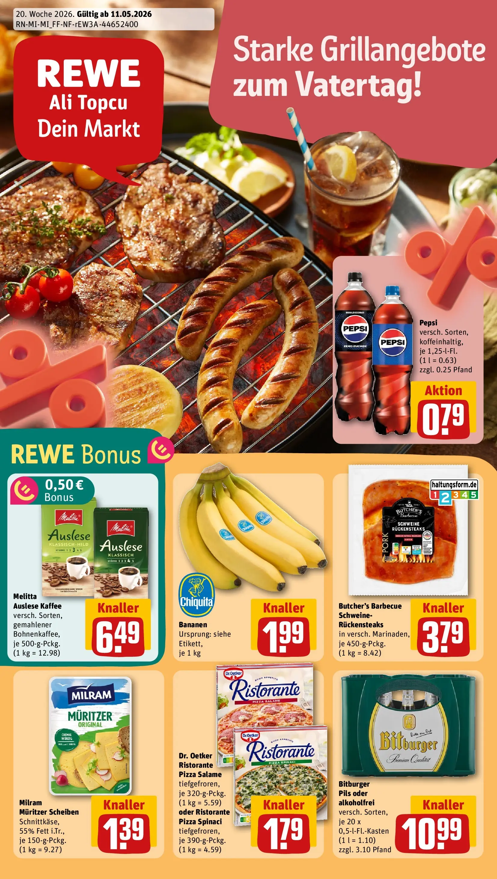 REWE Prospekt ab 10.05.2026 zum Blättern » Angebote | Seite: 1 | Produkte: Bitburger, Bananen, Milram, Pepsi