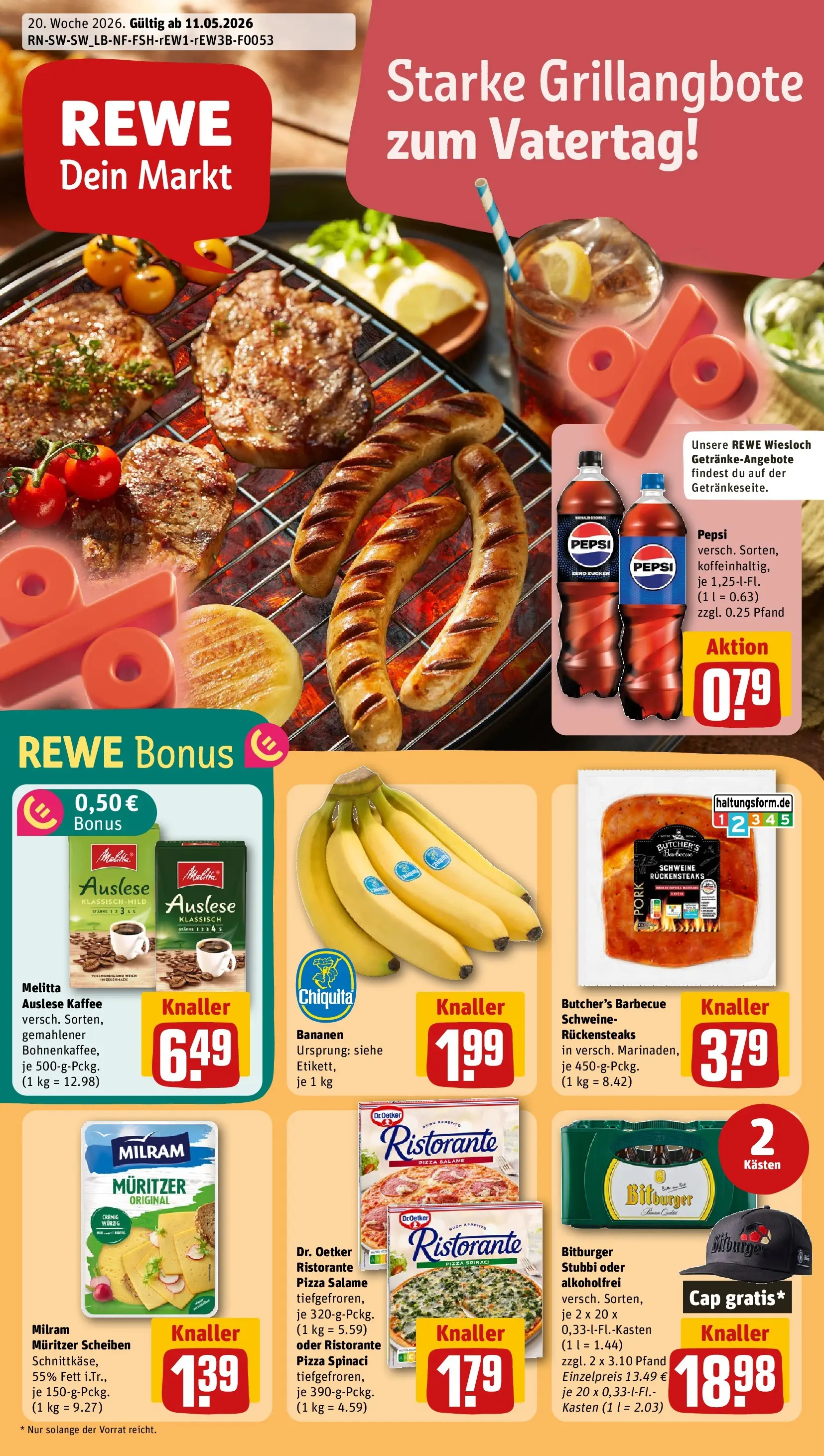 REWE Prospekt ab 10.05.2026 zum Blättern » Angebote | Seite: 1 | Produkte: Bitburger, Kaffee, Pepsi, Steak