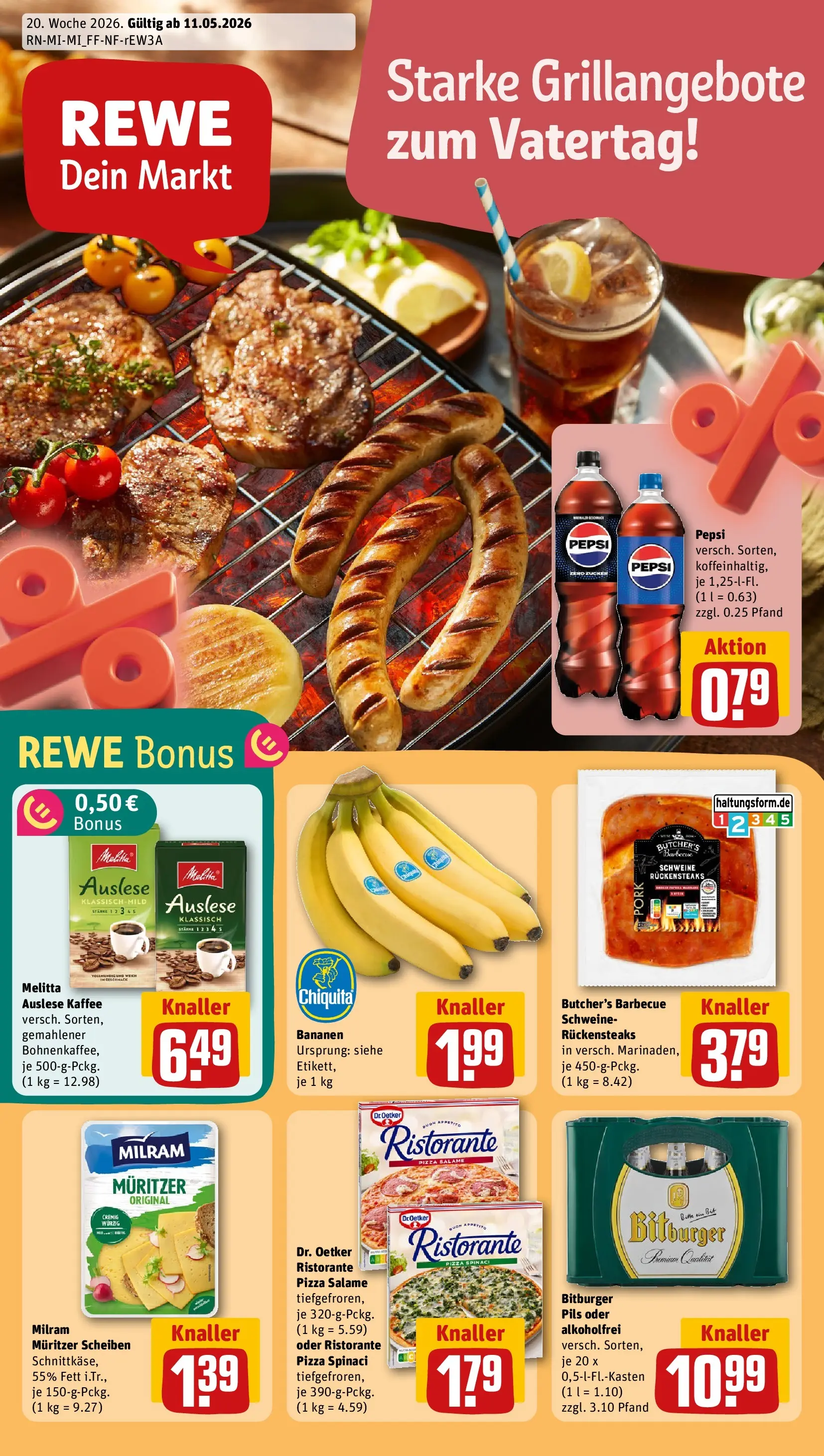 REWE Prospekt ab 10.05.2026 zum Blättern » Angebote | Seite: 1 | Produkte: Melitta, Milram, Zucker, Pizza