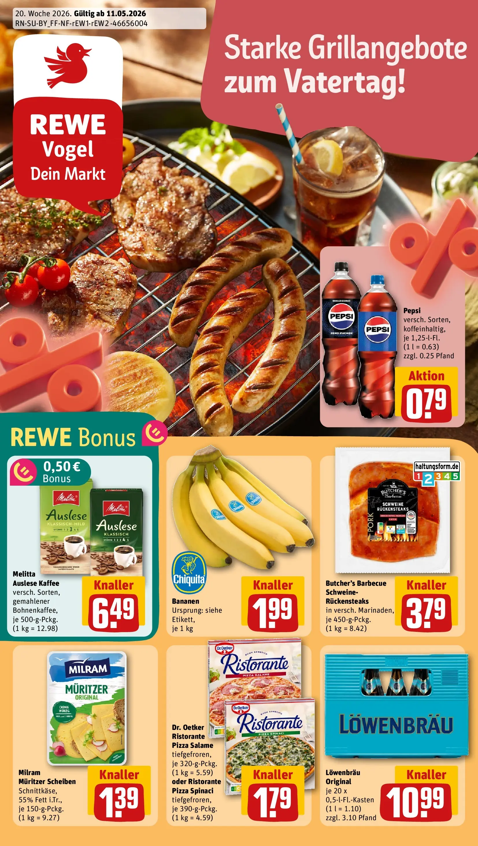 REWE Prospekt ab 10.05.2026 zum Blättern » Angebote | Seite: 1 | Produkte: Melitta, Bananen, Pepsi, Steak