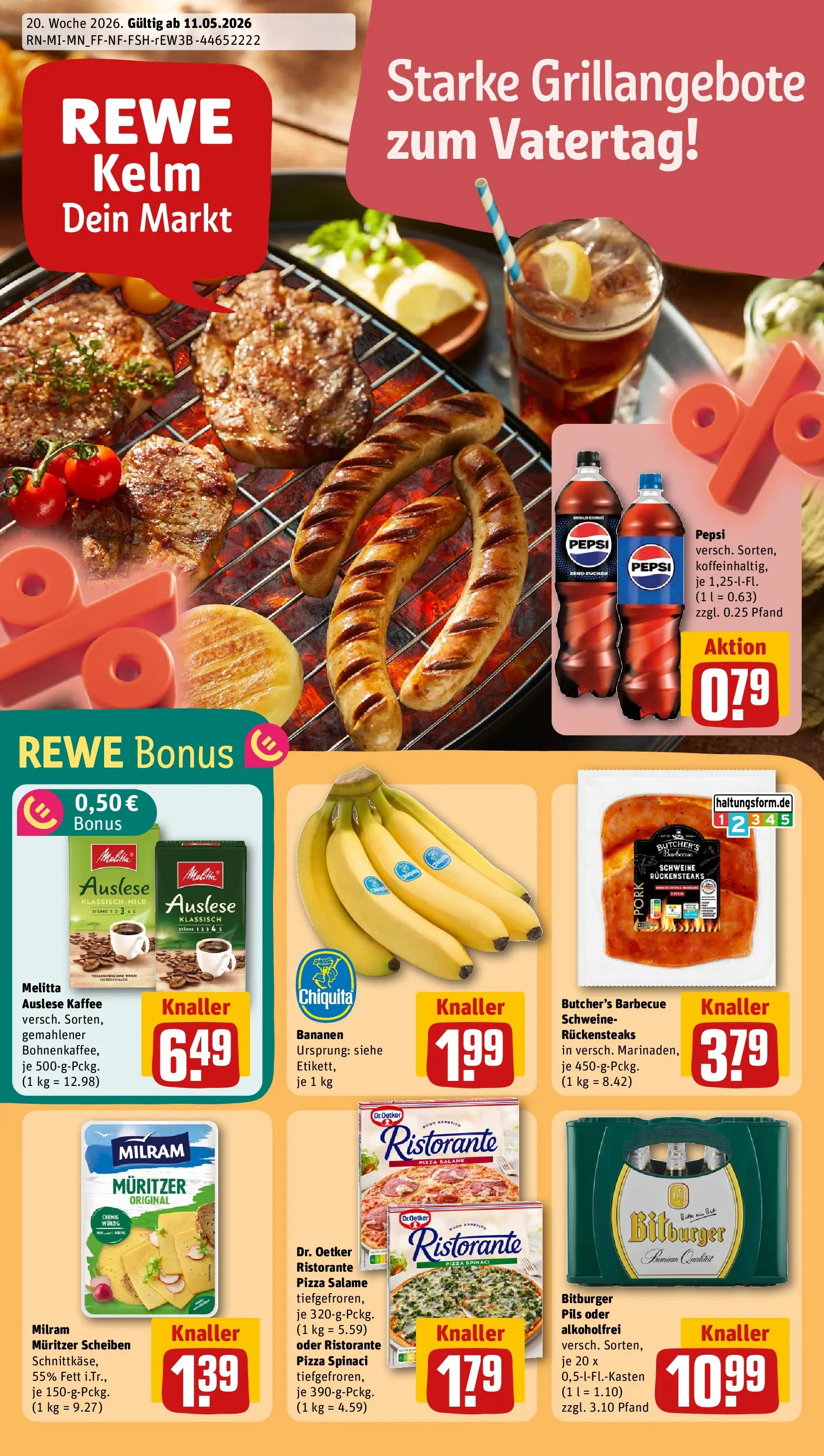 REWE Prospekt ab 10.05.2026 zum Blättern » Angebote | Seite: 1 | Produkte: Bitburger, Melitta, Milram, Pepsi