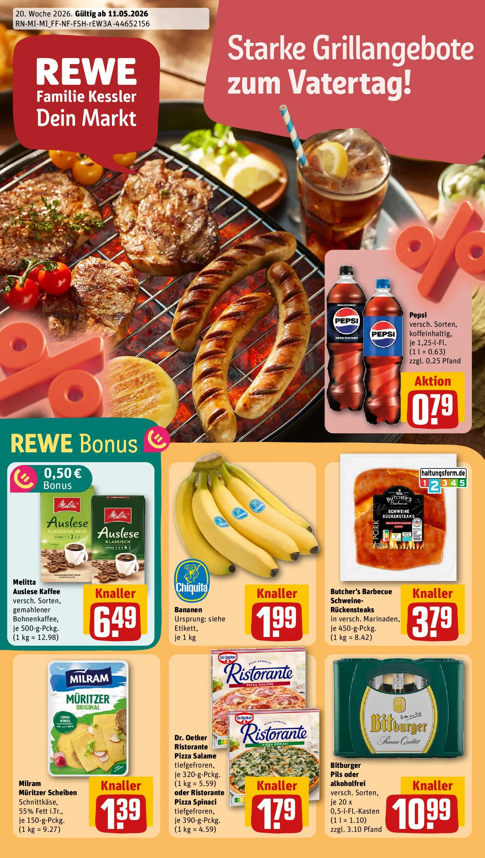 REWE Prospekt ab 10.05.2026 zum Blättern » Angebote | Seite: 1 | Produkte: Kaffee, Pils, Bananen, Milram