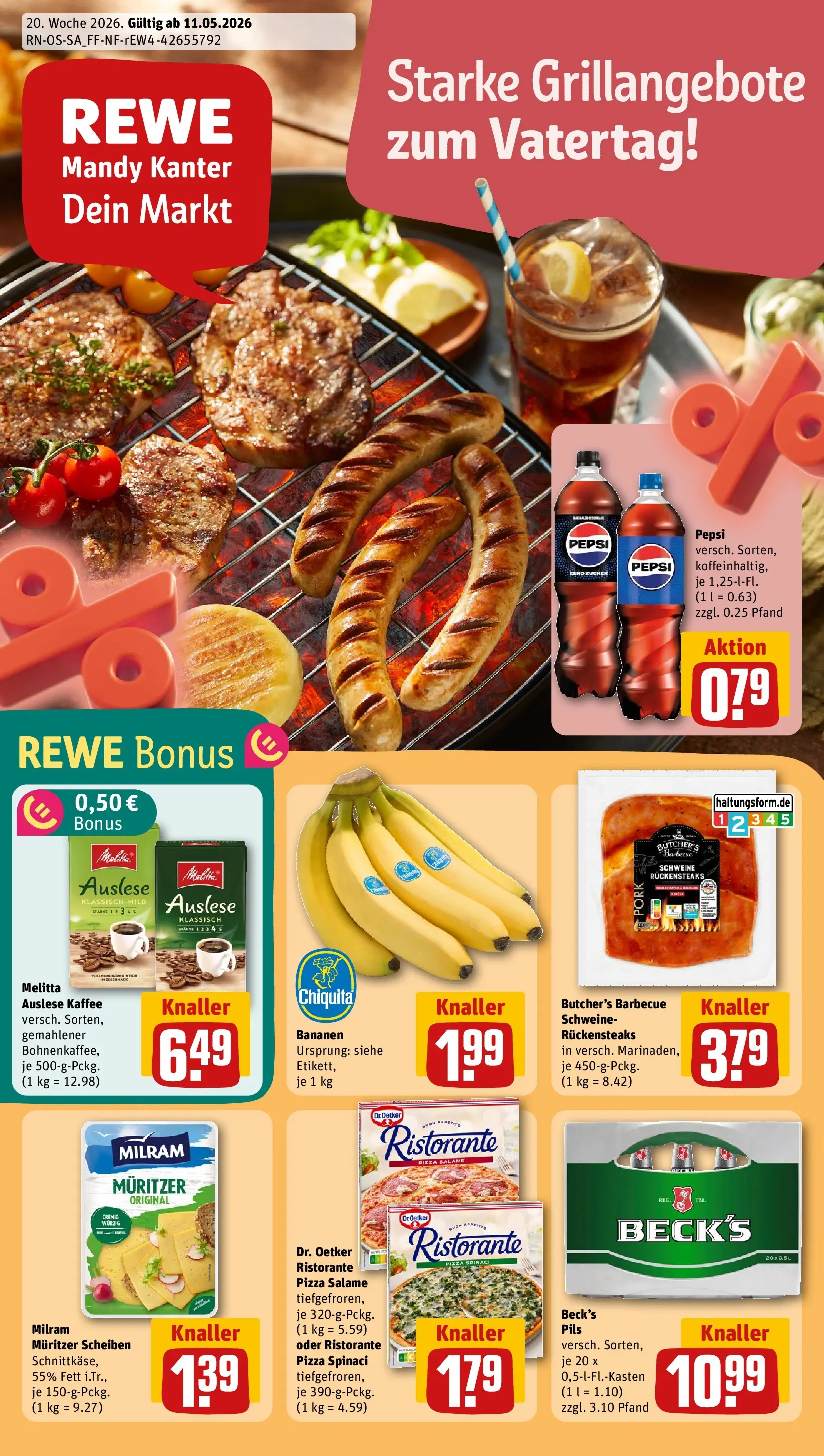 REWE Prospekt ab 10.05.2026 zum Blättern » Angebote | Seite: 1 | Produkte: Melitta, Pils, Bananen, Pizza