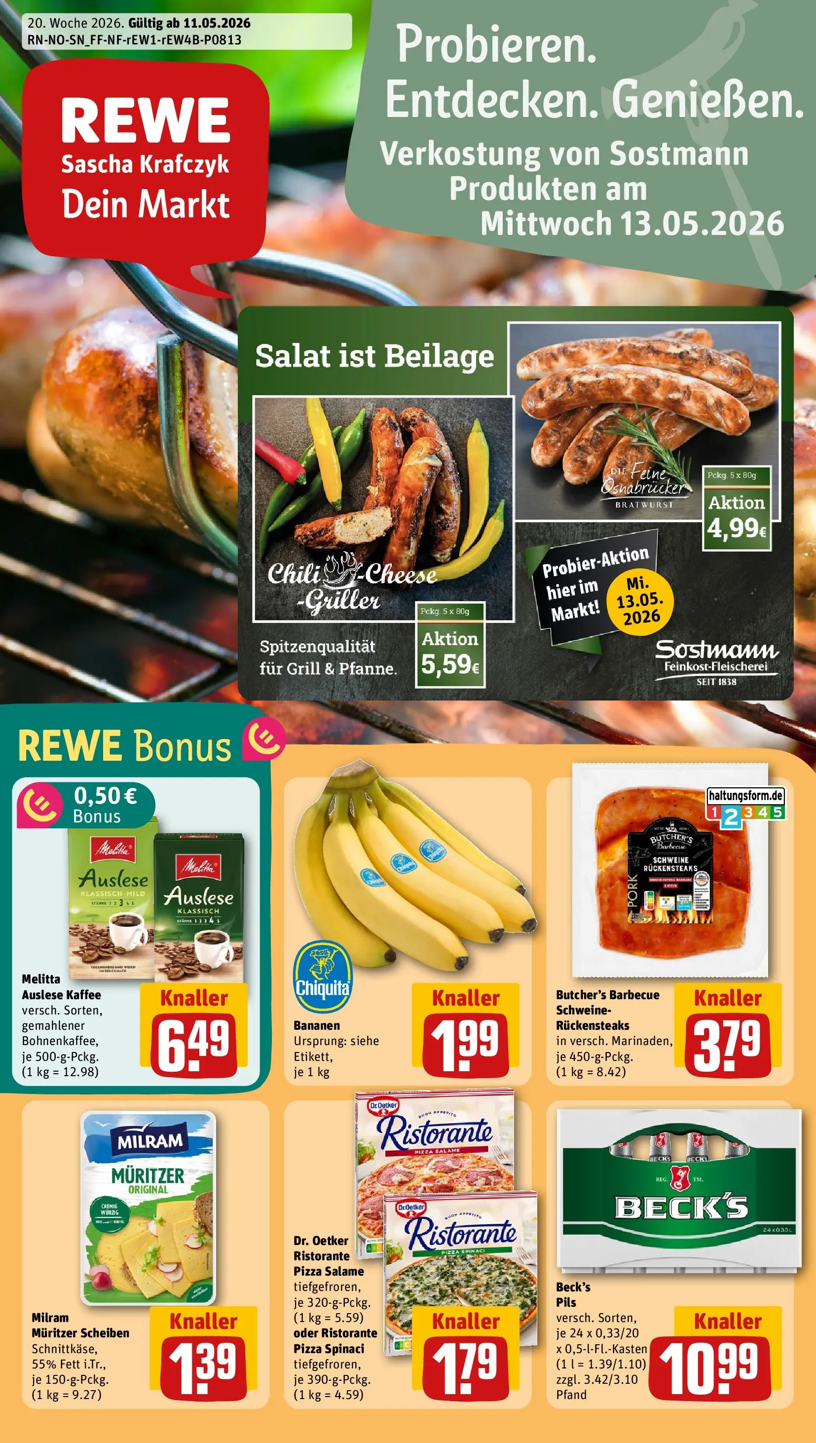 REWE Prospekt ab 10.05.2026 zum Blättern » Angebote | Seite: 1 | Produkte: Grill, Bananen, Milram, Chili