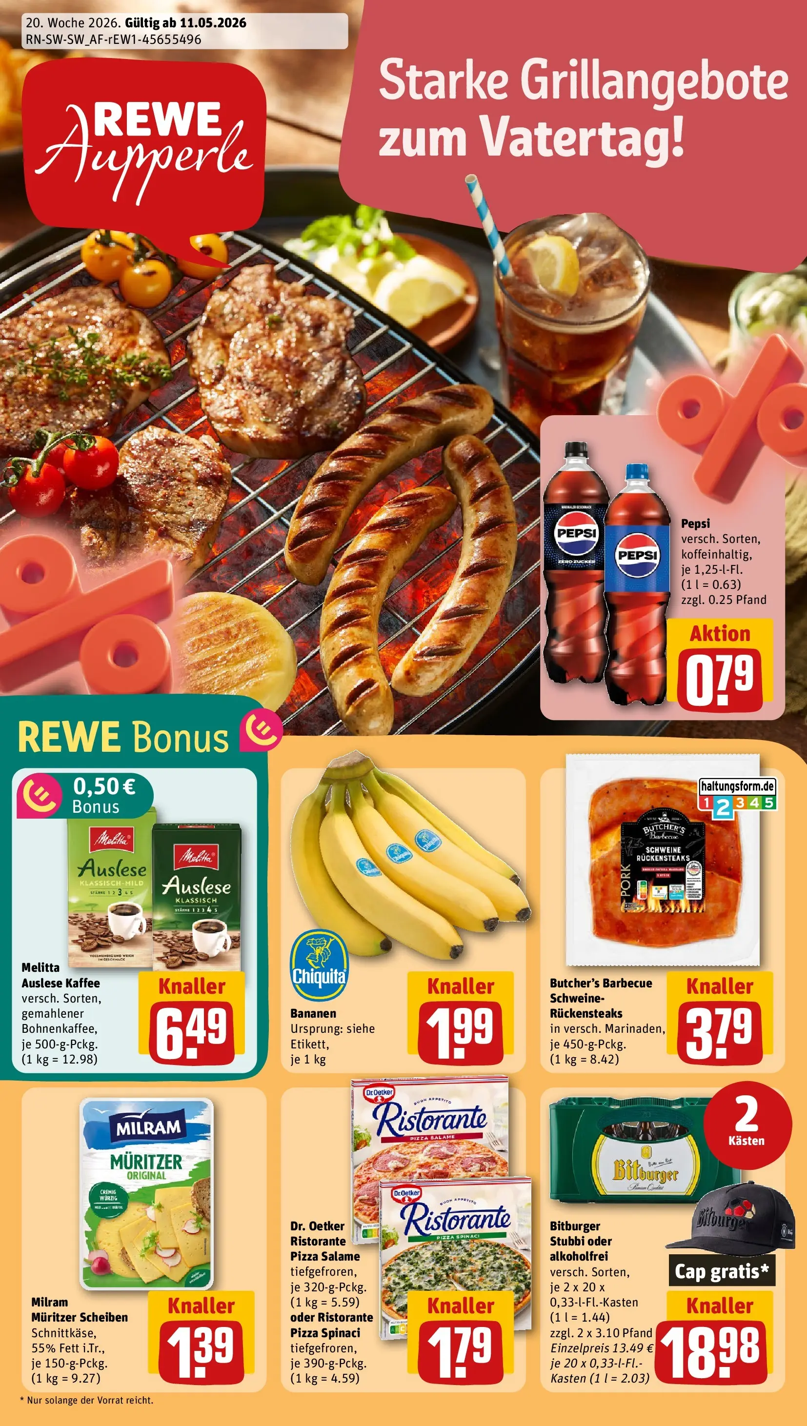 REWE Prospekt ab 10.05.2026 zum Blättern » Angebote | Seite: 1 | Produkte: Ristorante, Bitburger, Kaffee, Milram