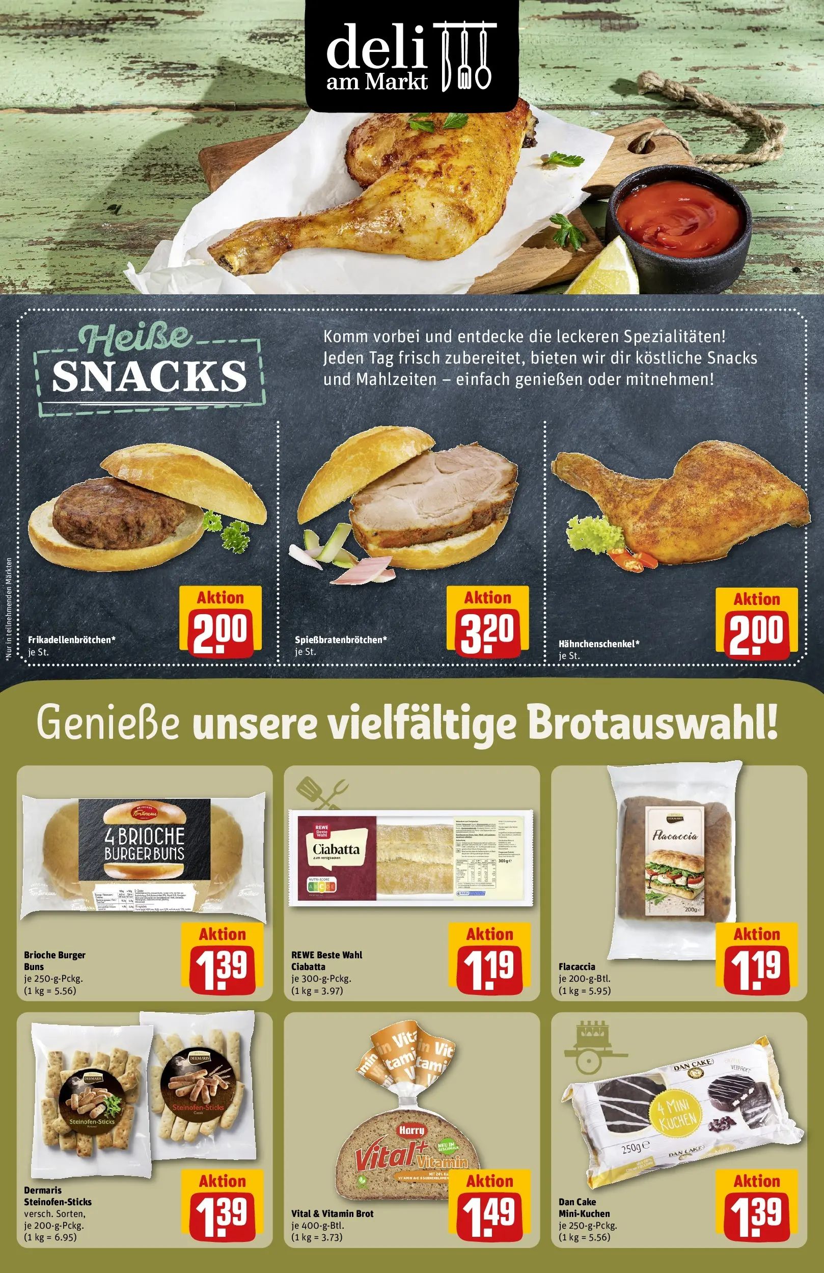 REWE Prospekt ab 10.05.2026 zum Blättern » Angebote | Seite: 15 | Produkte: Hahnchenschenkel, Burger, Brot, Kuchen