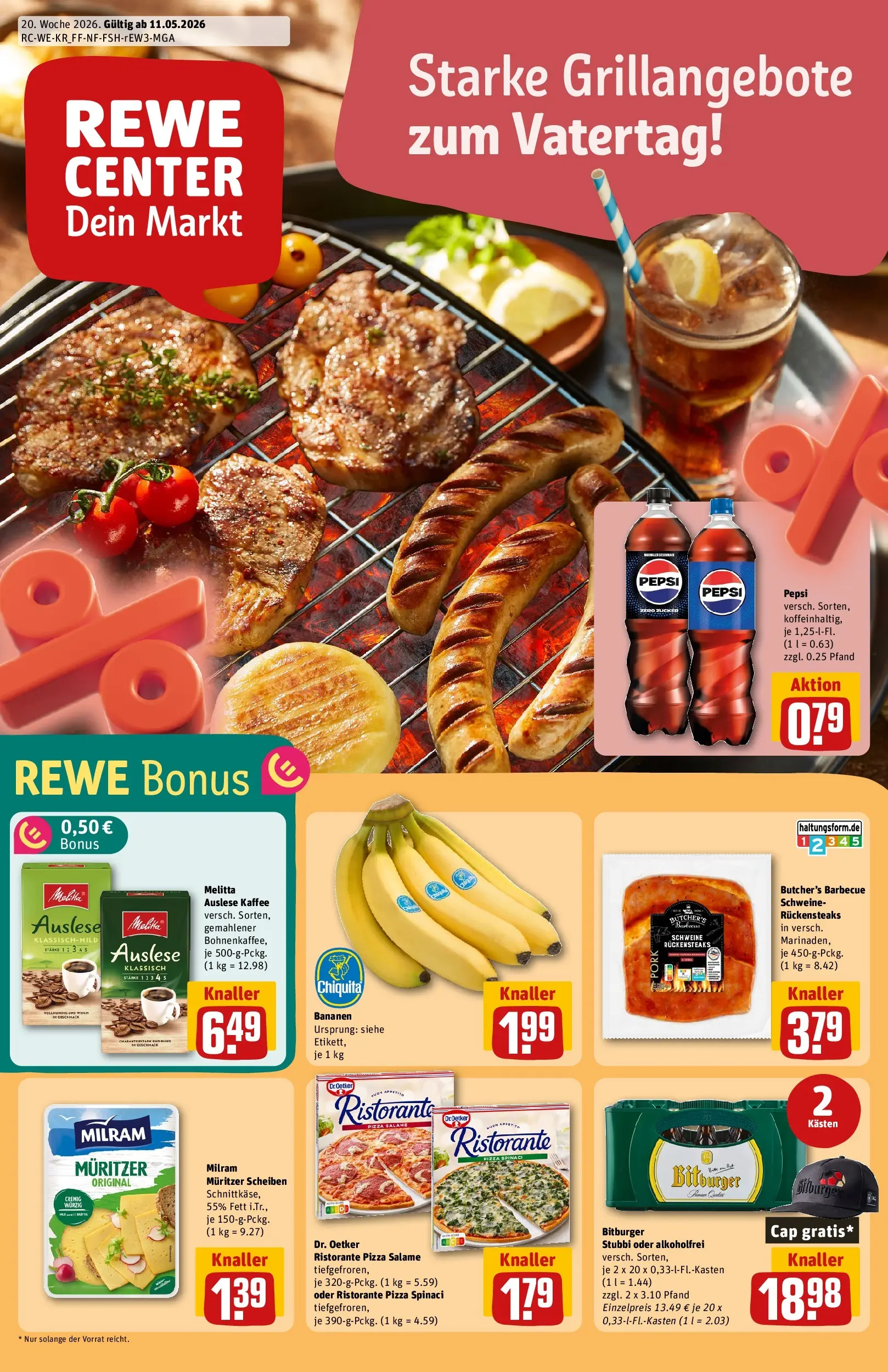 REWE Prospekt ab 10.05.2026 zum Blättern » Angebote | Seite: 1 | Produkte: Kaffee, Bananen, Pepsi, Pizza