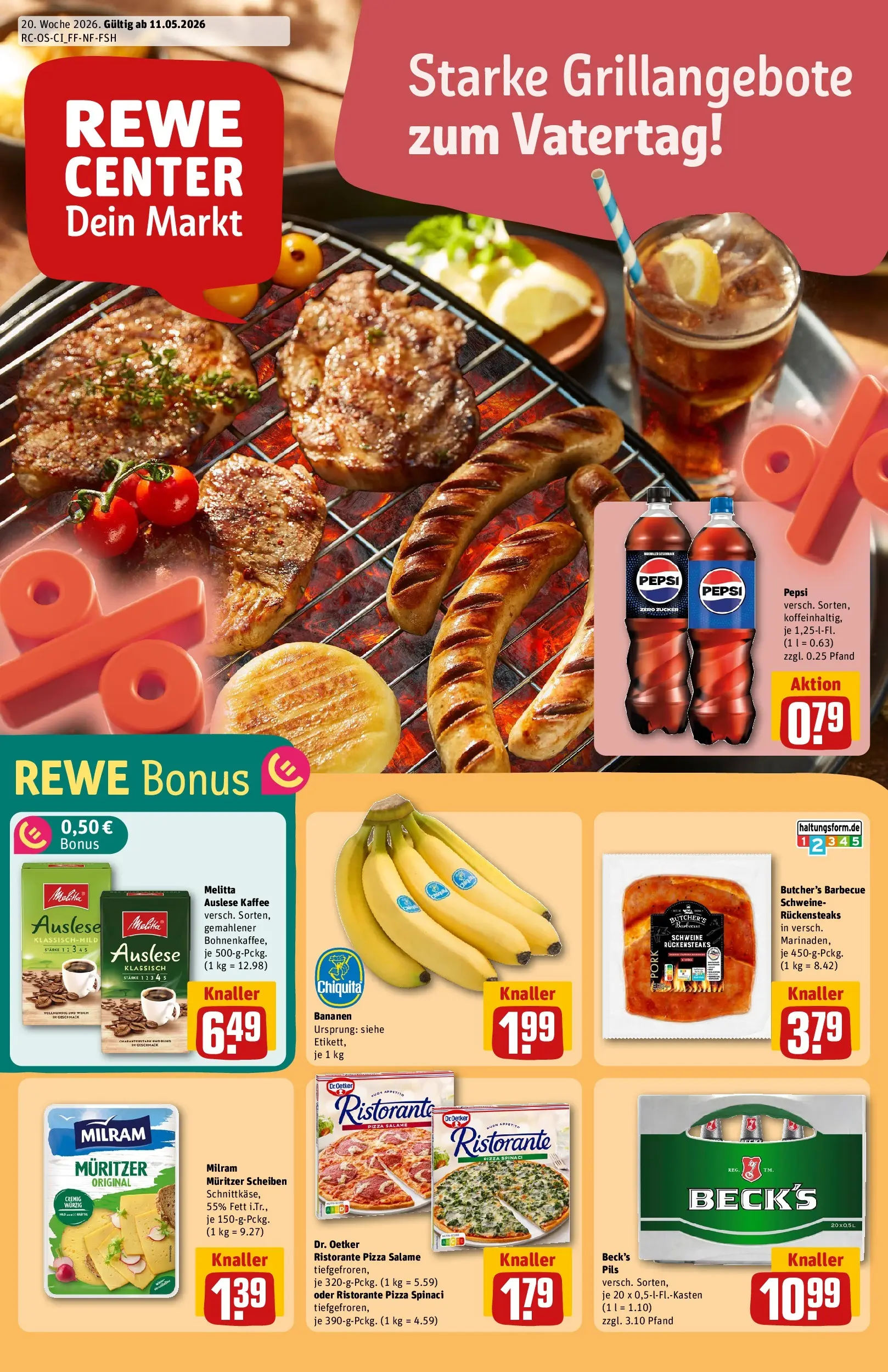 REWE Prospekt ab 10.05.2026 zum Blättern » Angebote | Seite: 1 | Produkte: Melitta, Bananen, Milram, Zucker