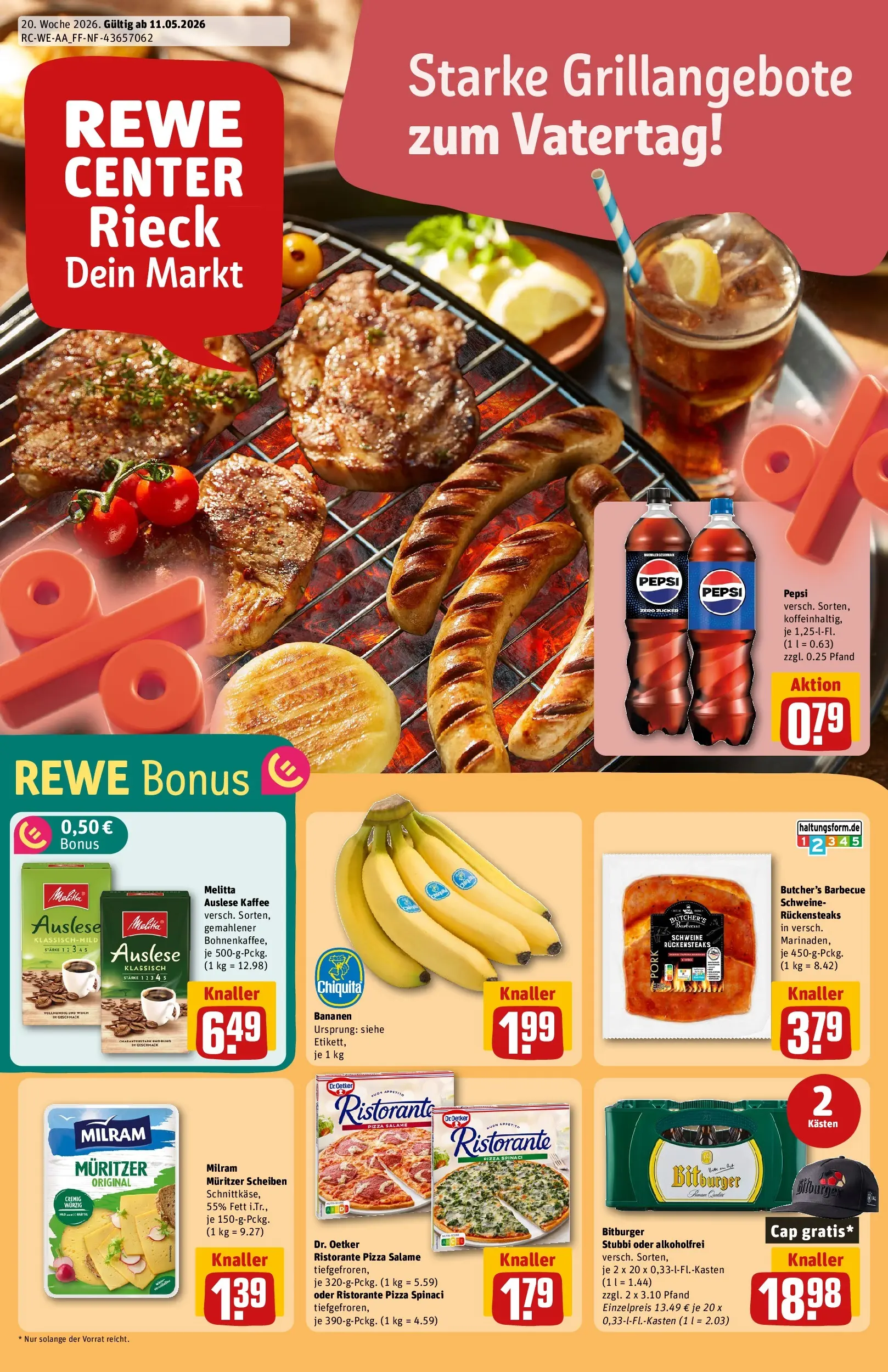 REWE Prospekt ab 10.05.2026 zum Blättern » Angebote | Seite: 1 | Produkte: Bitburger, Kaffee, Milram, Steak