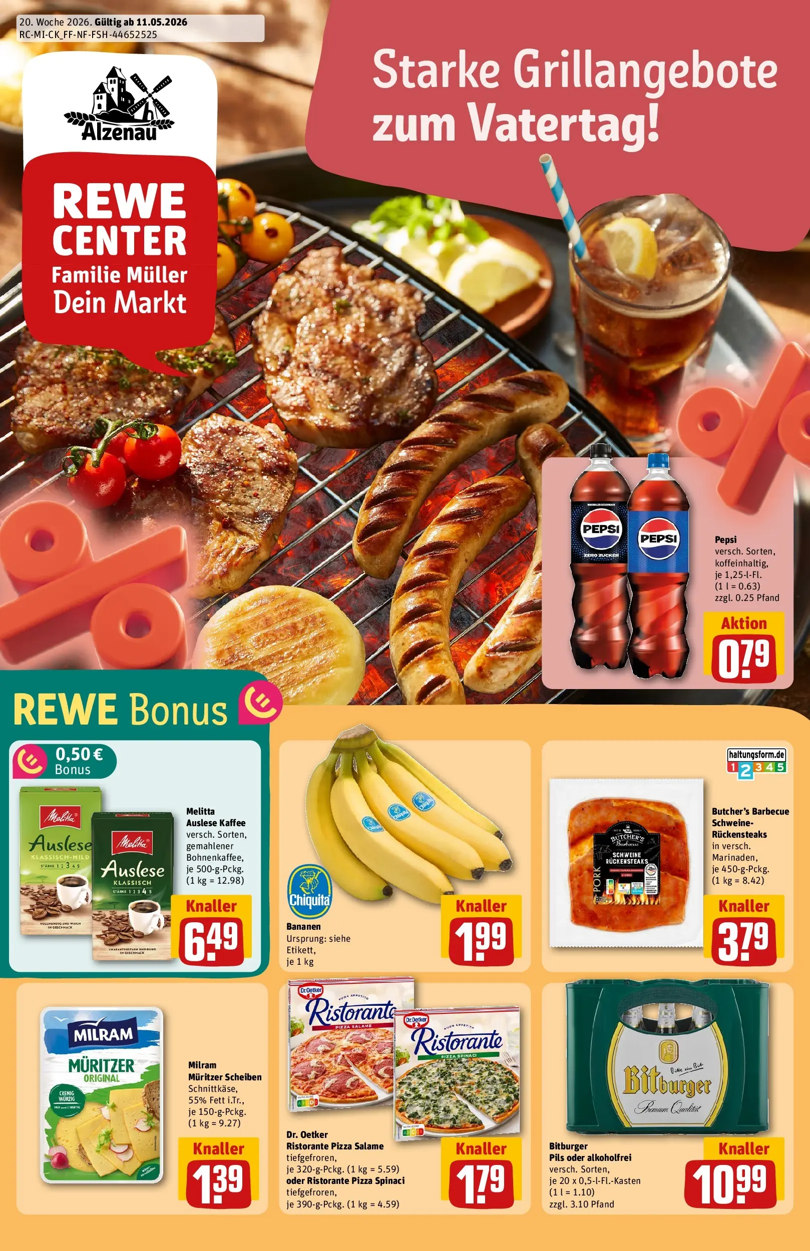 REWE Prospekt ab 10.05.2026 zum Blättern » Angebote | Seite: 1 | Produkte: Pils, Bananen, Milram, Pizza