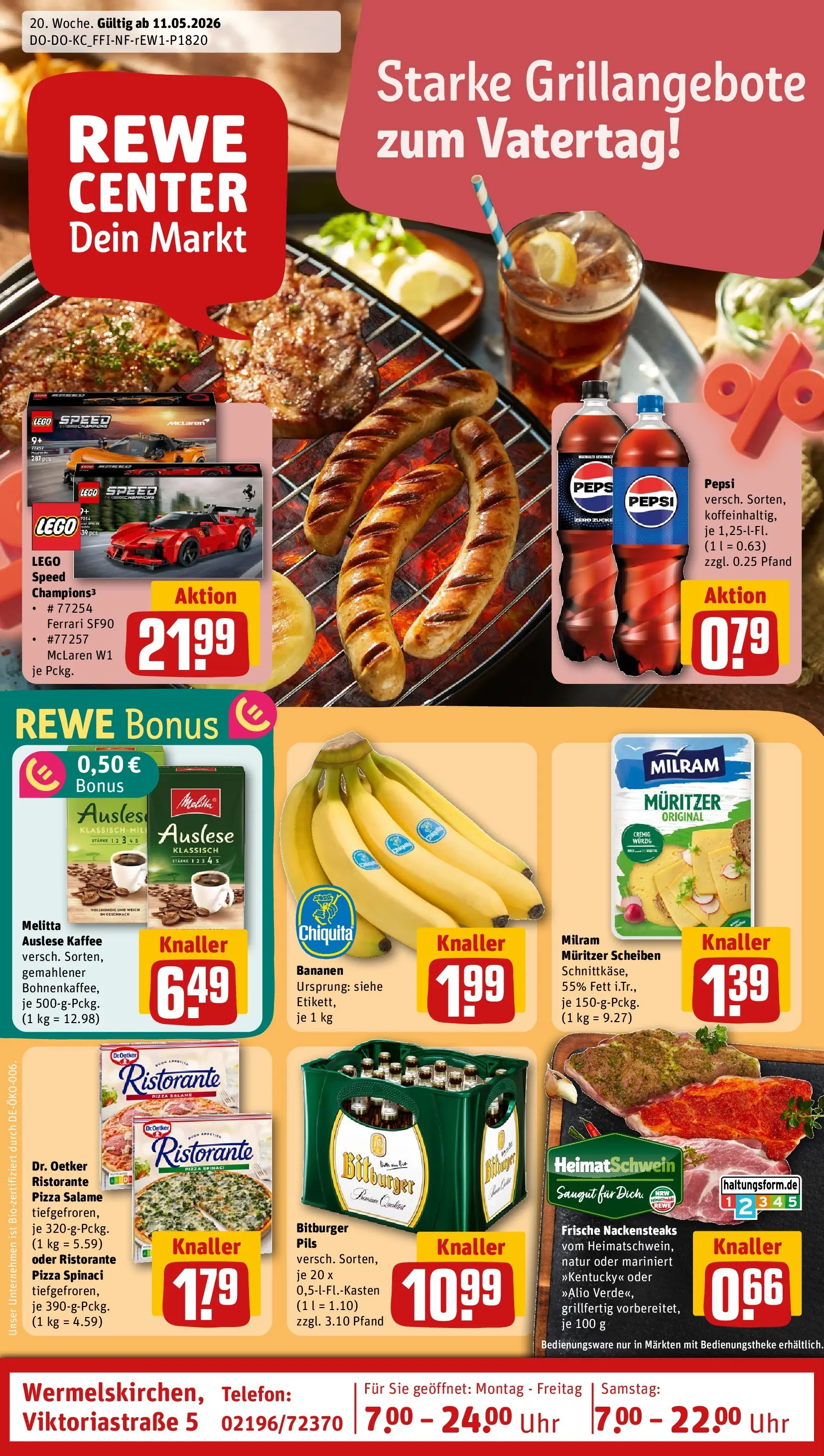 REWE Prospekt ab 10.05.2026 zum Blättern » Angebote | Seite: 1 | Produkte: Nackensteaks, Melitta, Pils, Bananen