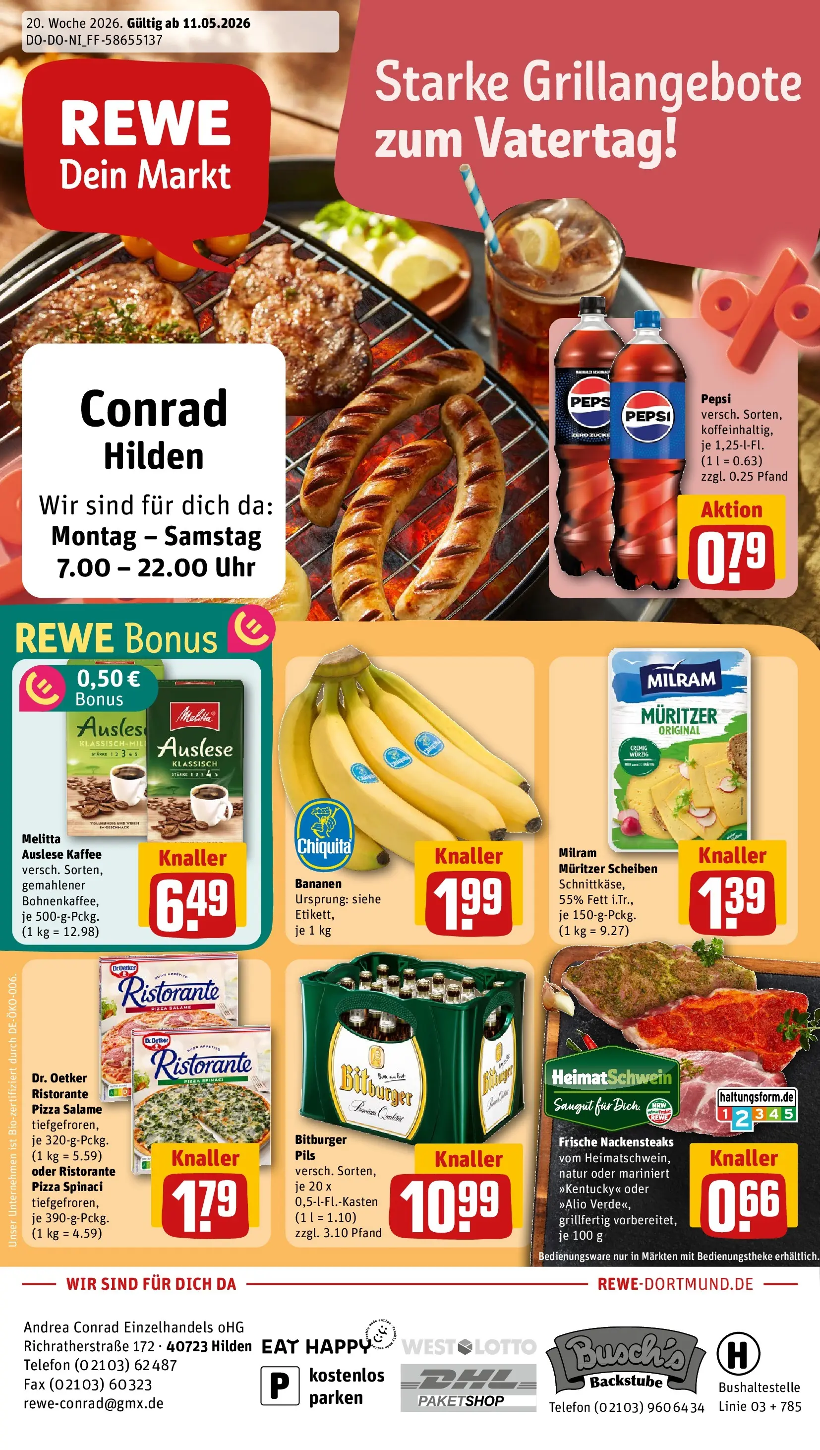 REWE Prospekt ab 10.05.2026 zum Blättern » Angebote | Seite: 1 | Produkte: Nackensteaks, Bitburger, Pepsi, Pizza