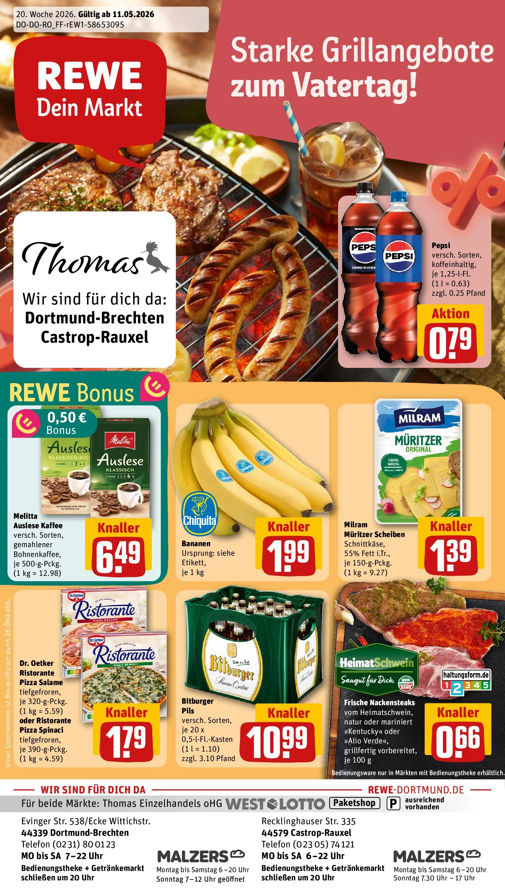 REWE Prospekt ab 10.05.2026 zum Blättern » Angebote | Seite: 1 | Produkte: Nackensteaks, Bananen, Pizza, Uhr