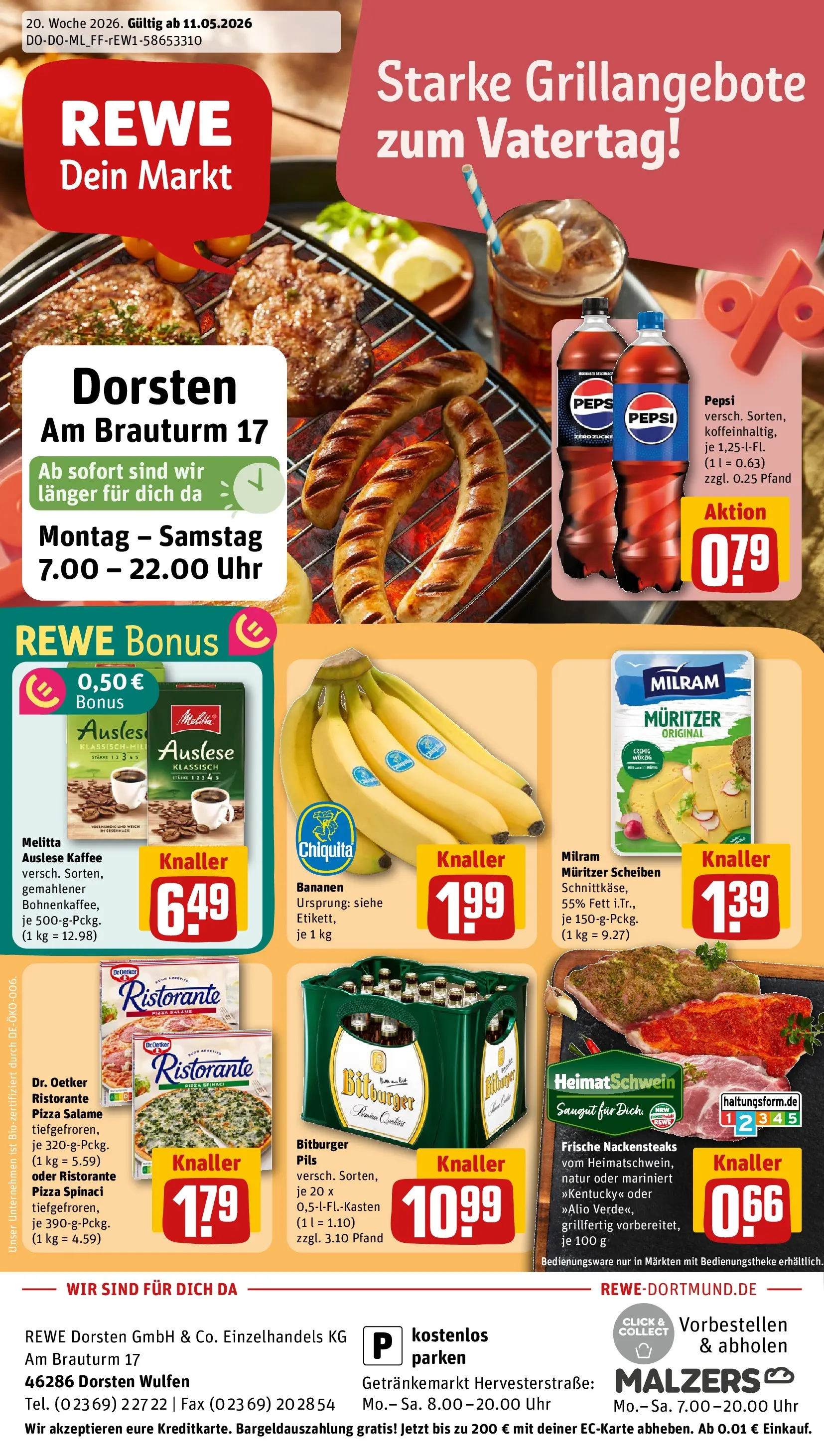 REWE Prospekt ab 10.05.2026 zum Blättern » Angebote | Seite: 1 | Produkte: Nackensteaks, Kaffee, Pepsi, Uhr