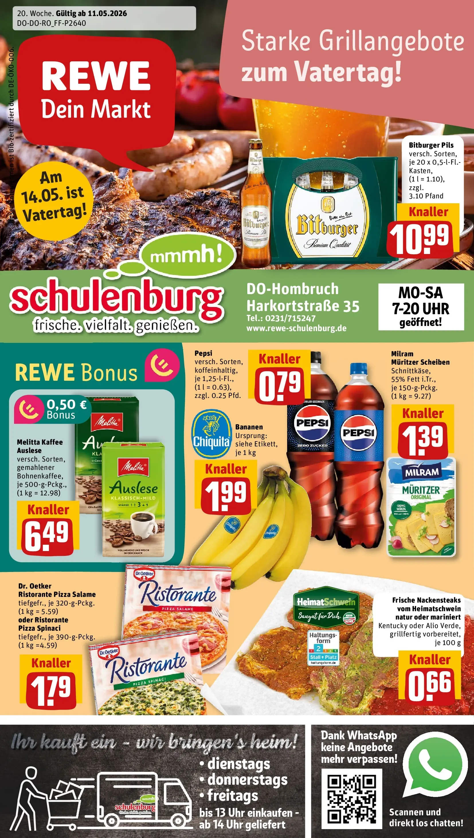 REWE Prospekt ab 10.05.2026 zum Blättern » Angebote | Seite: 1 | Produkte: Pils, Pizza, Steak, Uhr