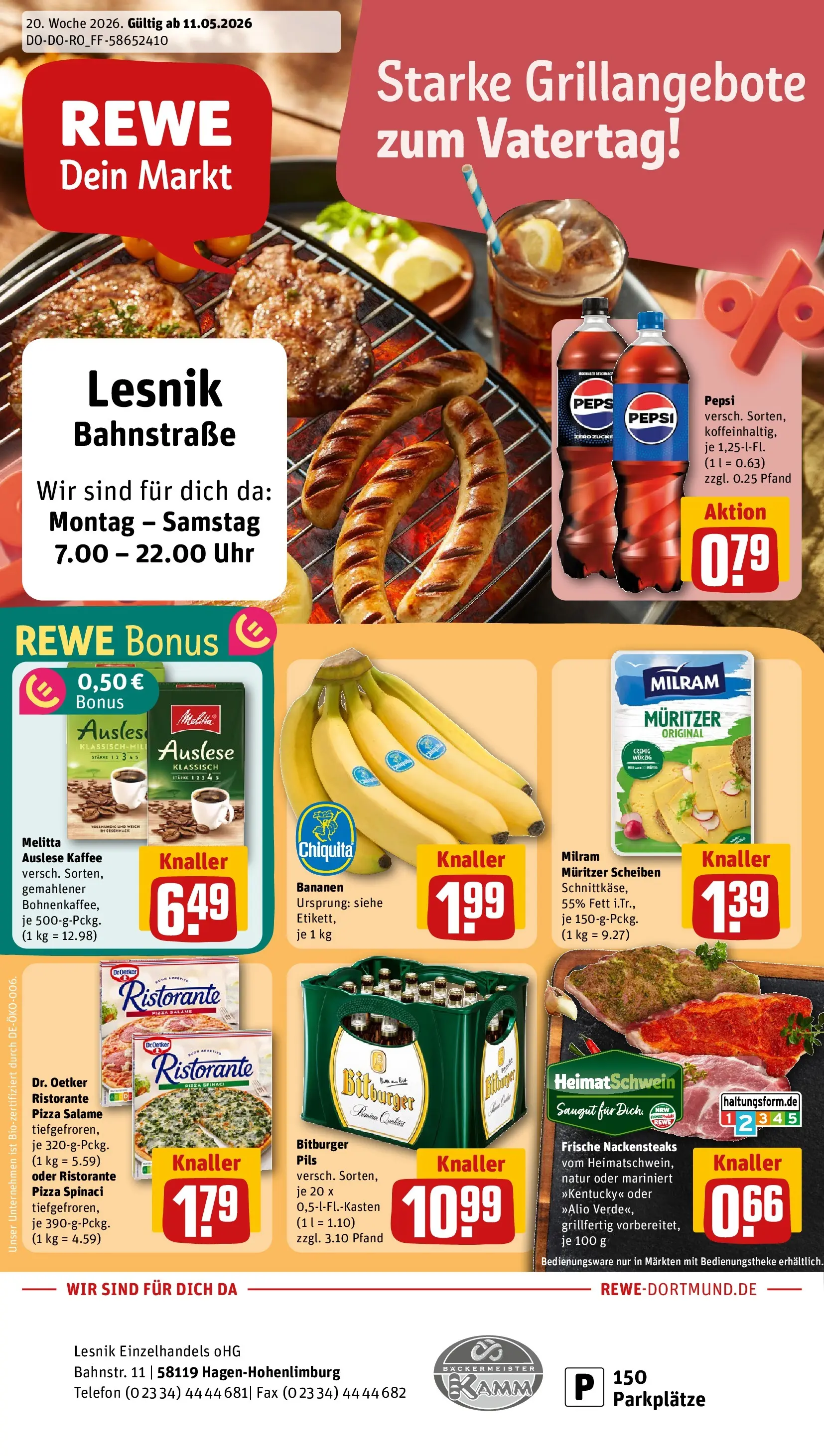 REWE Prospekt ab 10.05.2026 zum Blättern » Angebote | Seite: 1 | Produkte: Pils, Milram, Pizza, Uhr
