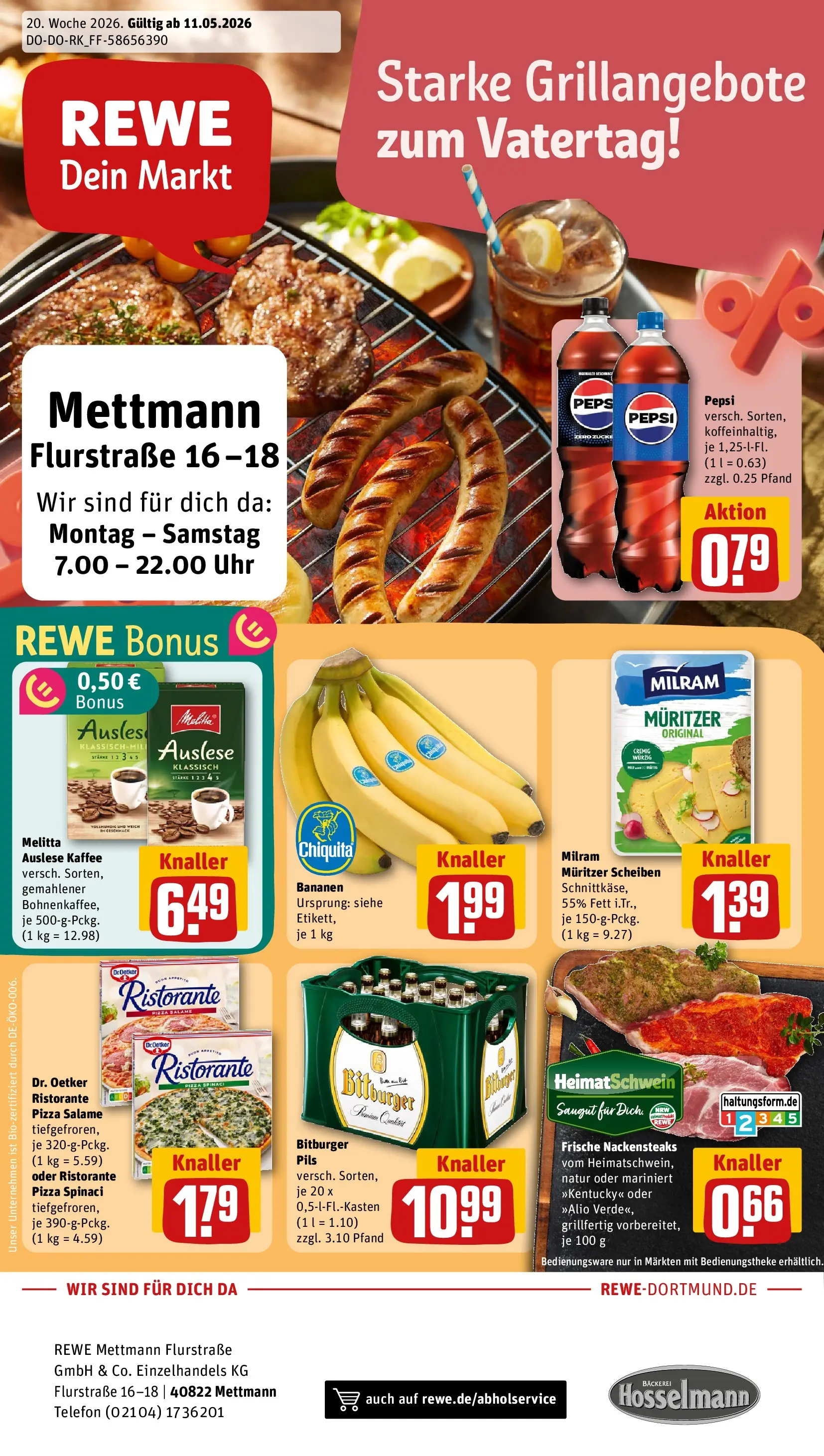 REWE Prospekt ab 10.05.2026 zum Blättern » Angebote | Seite: 1 | Produkte: Pils, Milram, Pizza, Uhr