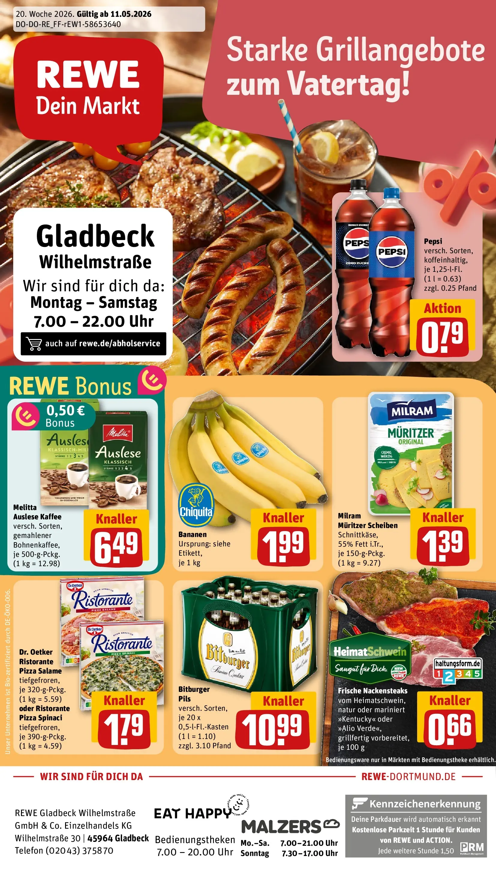 REWE Prospekt ab 10.05.2026 zum Blättern » Angebote | Seite: 1 | Produkte: Nackensteaks, Bitburger, Pepsi, Telefon