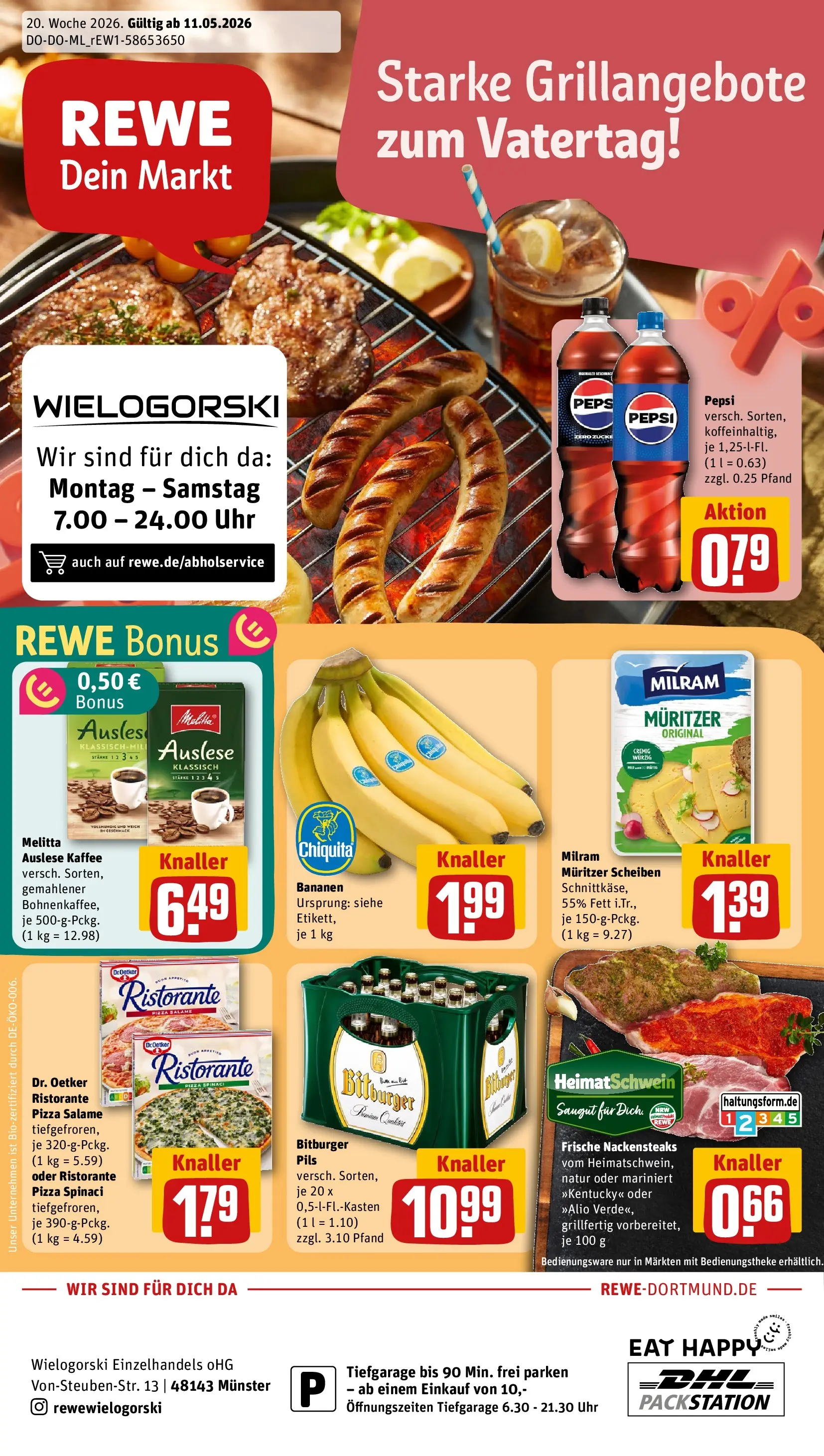 REWE Prospekt ab 10.05.2026 zum Blättern » Angebote | Seite: 1 | Produkte: Ristorante, Pils, Bananen, Uhr