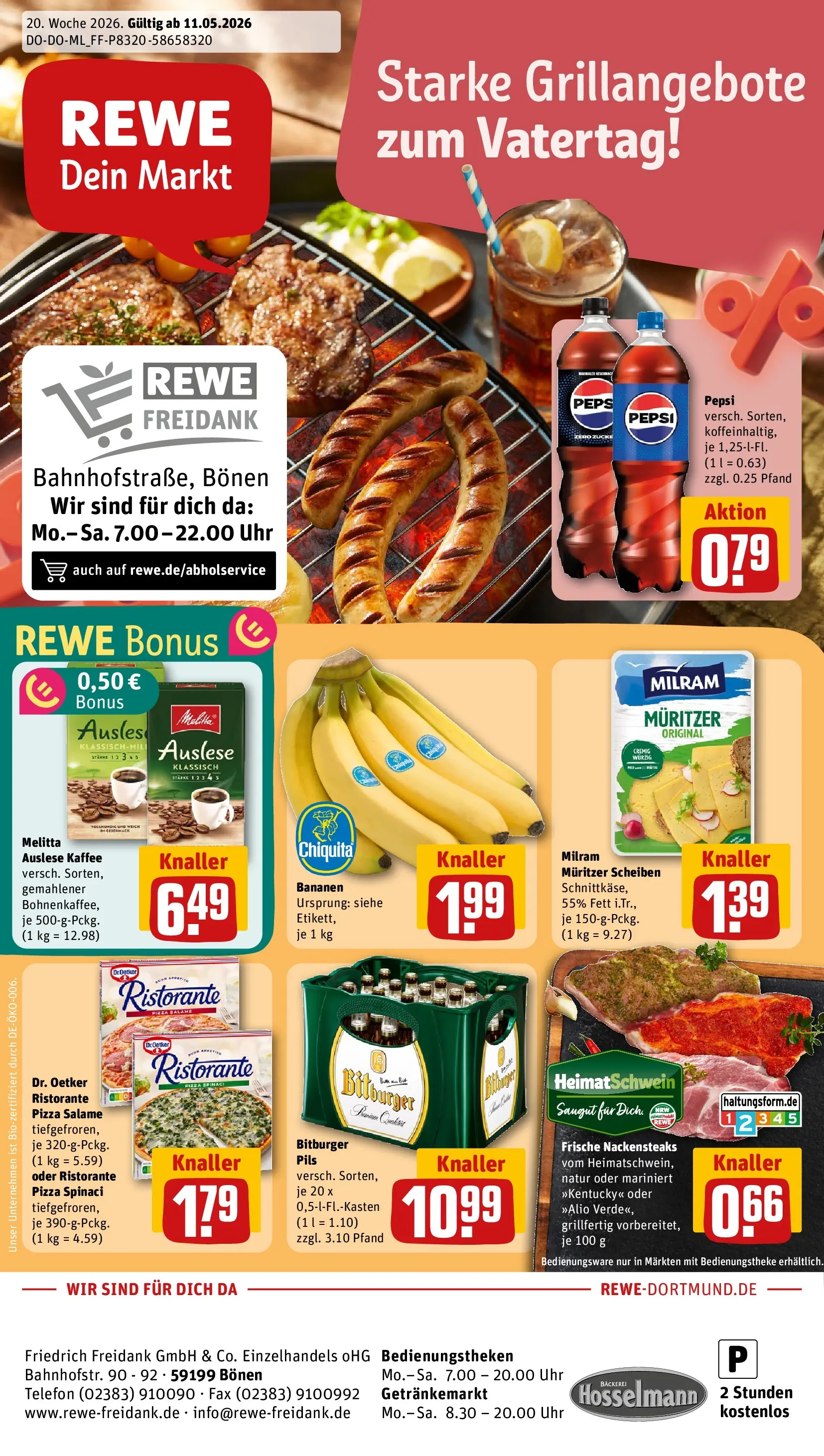 REWE Prospekt ab 10.05.2026 zum Blättern » Angebote | Seite: 1 | Produkte: Nackensteaks, Melitta, Pepsi, Telefon