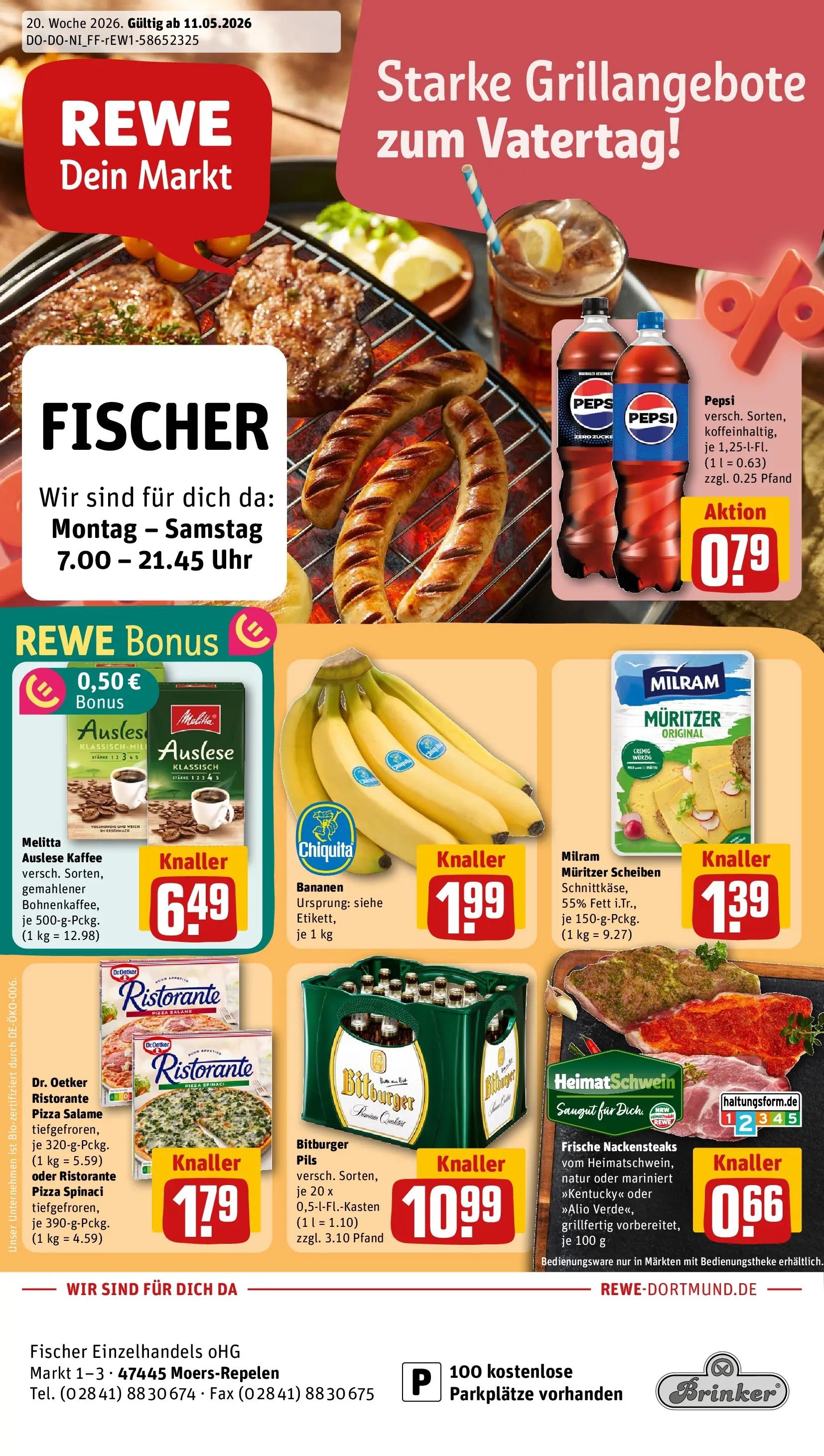 REWE Prospekt ab 10.05.2026 zum Blättern » Angebote | Seite: 1 | Produkte: Bitburger, Milram, Pizza, Uhr