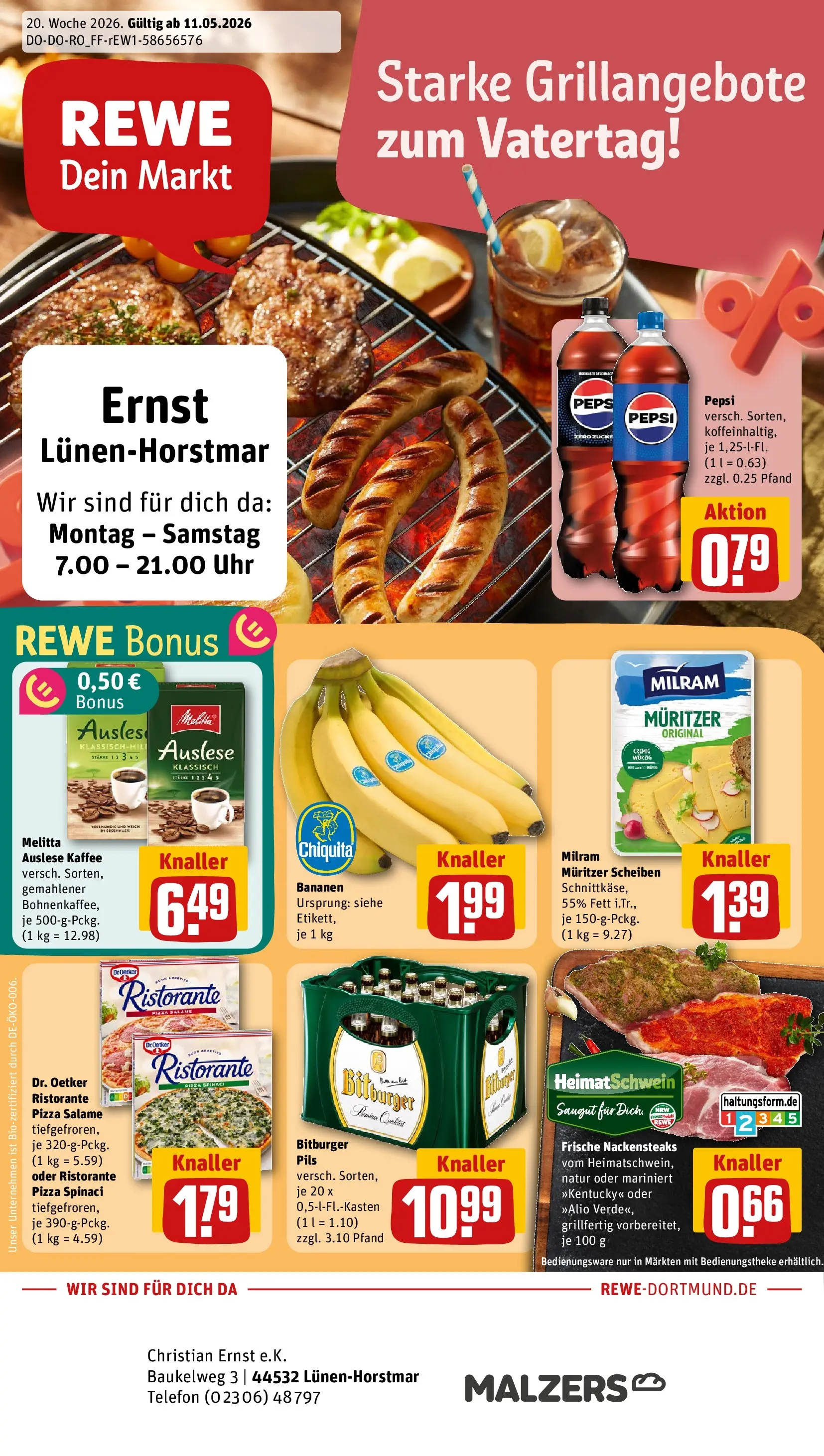 REWE Prospekt ab 10.05.2026 zum Blättern » Angebote | Seite: 1 | Produkte: Pils, Bananen, Milram, Uhr