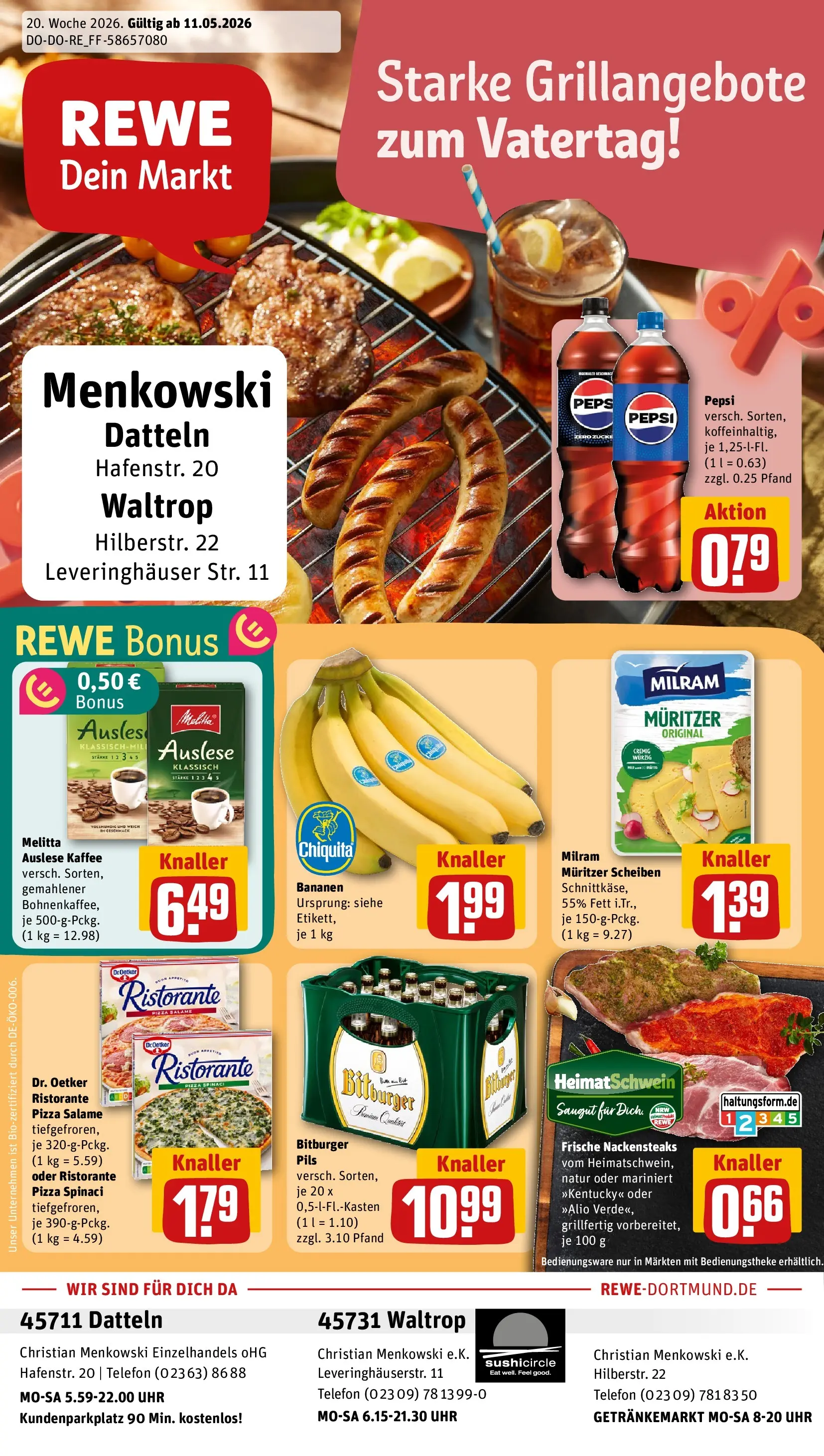 REWE Prospekt ab 10.05.2026 zum Blättern » Angebote | Seite: 1 | Produkte: Bananen, Milram, Pepsi, Telefon