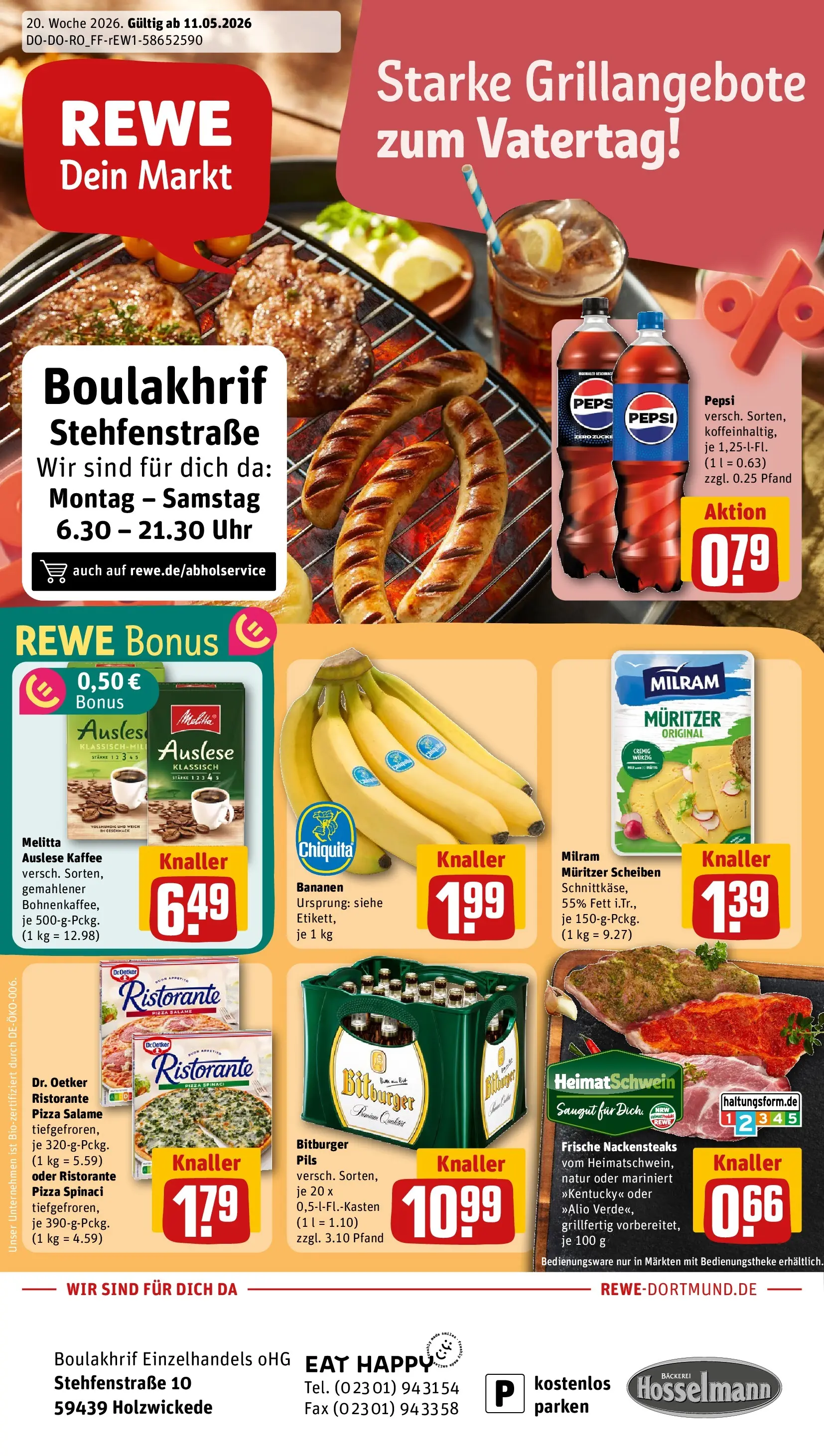 REWE Prospekt ab 10.05.2026 zum Blättern » Angebote | Seite: 1 | Produkte: Bäckerei, Pils, Bananen, Pizza