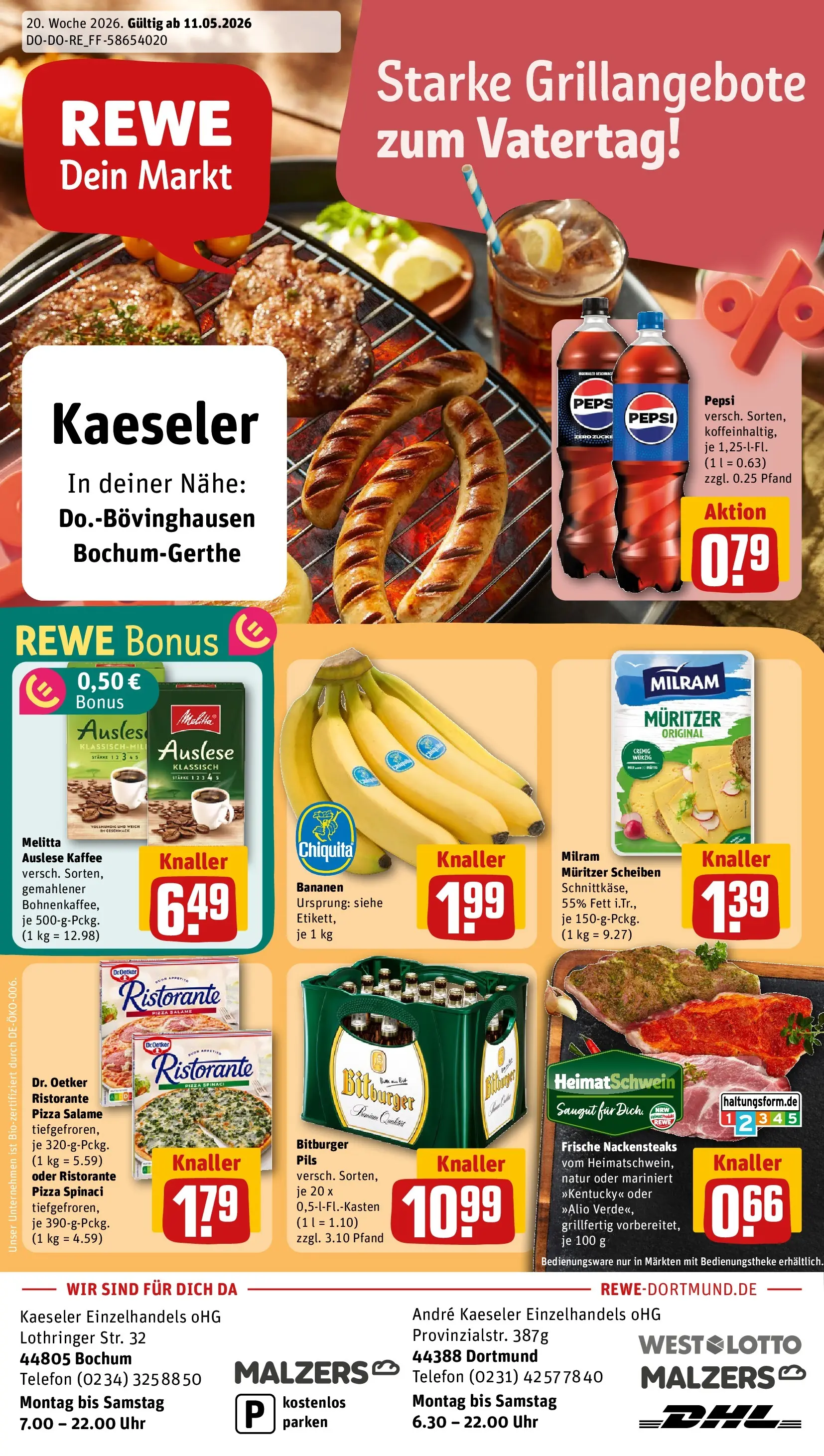 REWE Prospekt ab 10.05.2026 zum Blättern » Angebote | Seite: 1 | Produkte: Melitta, Pils, Bananen, Telefon