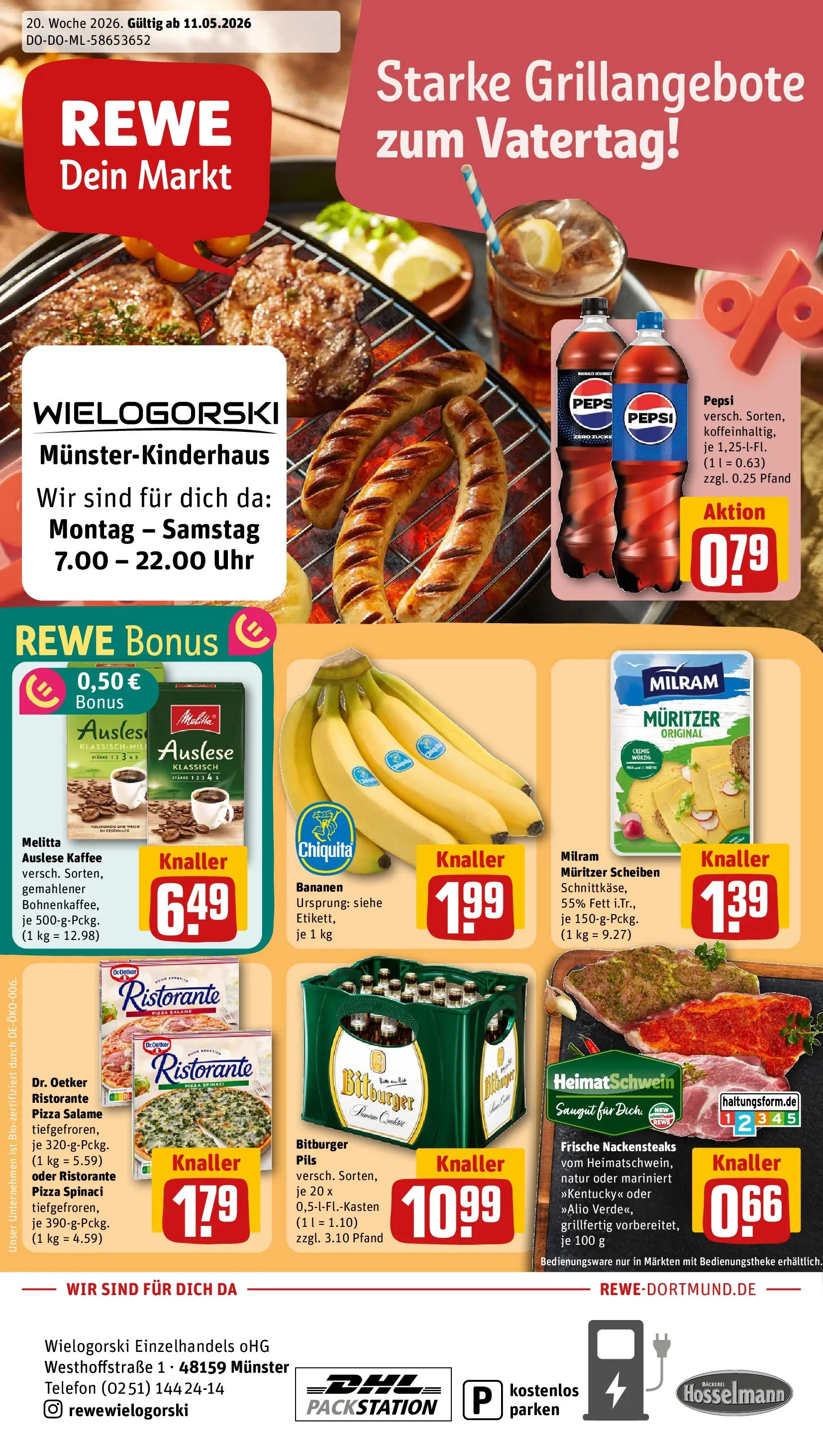 REWE Prospekt ab 10.05.2026 zum Blättern » Angebote | Seite: 1 | Produkte: Bitburger, Cola, Milram, Telefon