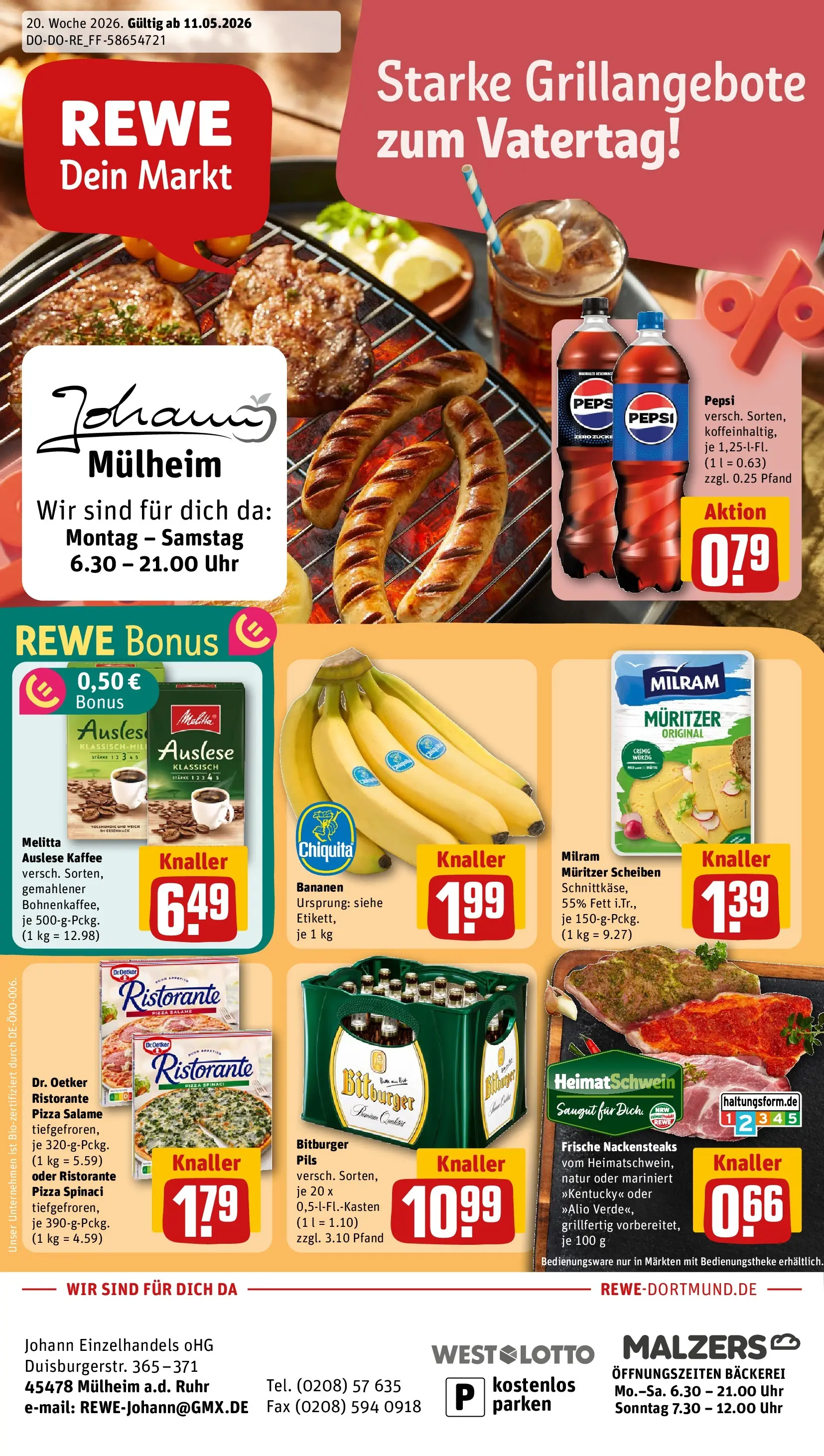REWE Prospekt ab 10.05.2026 zum Blättern » Angebote | Seite: 1 | Produkte: Kaffee, Bananen, Pepsi, Uhr