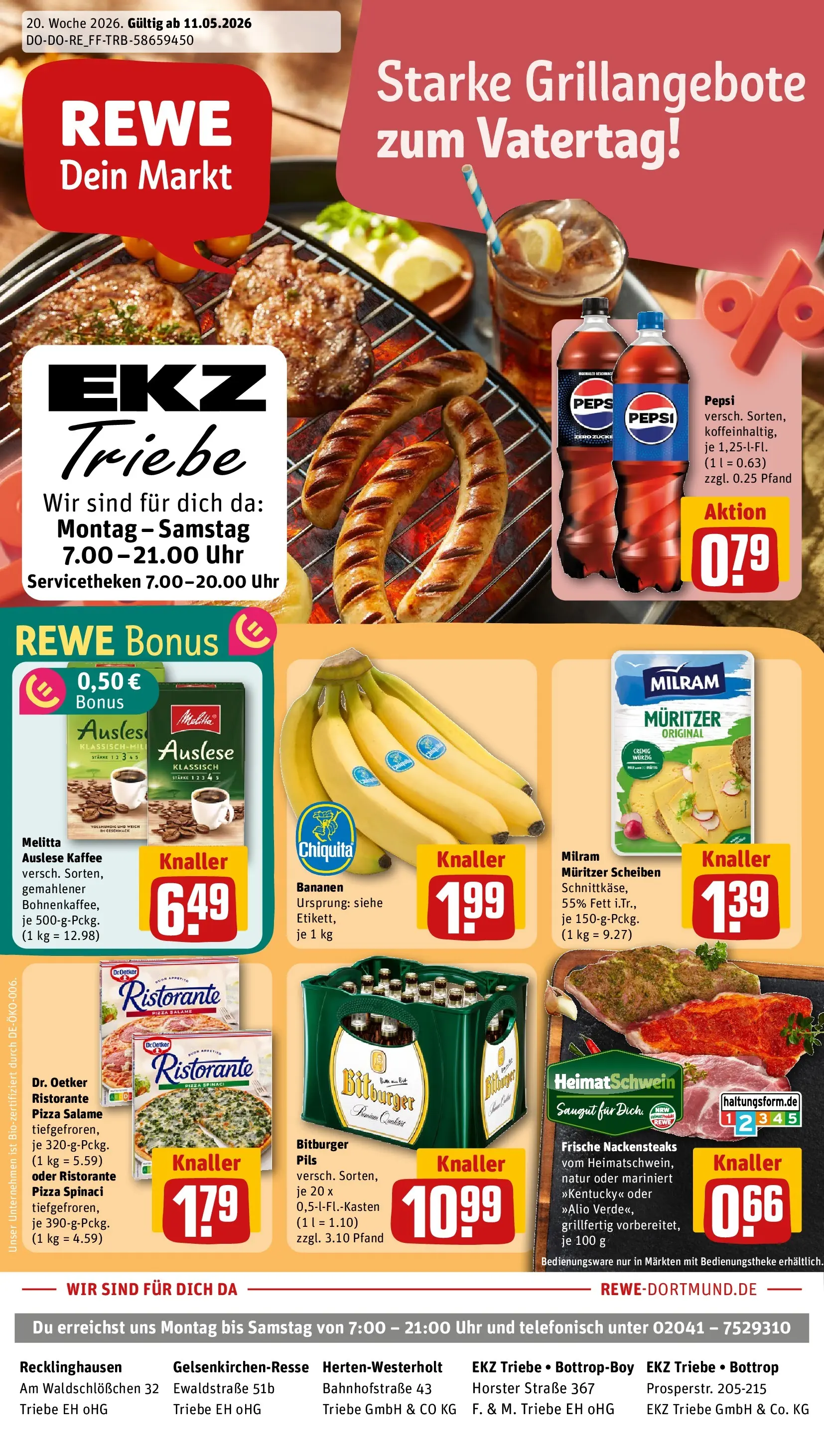 REWE Prospekt ab 10.05.2026 zum Blättern » Angebote | Seite: 1 | Produkte: Nackensteaks, Pils, Milram, Pepsi