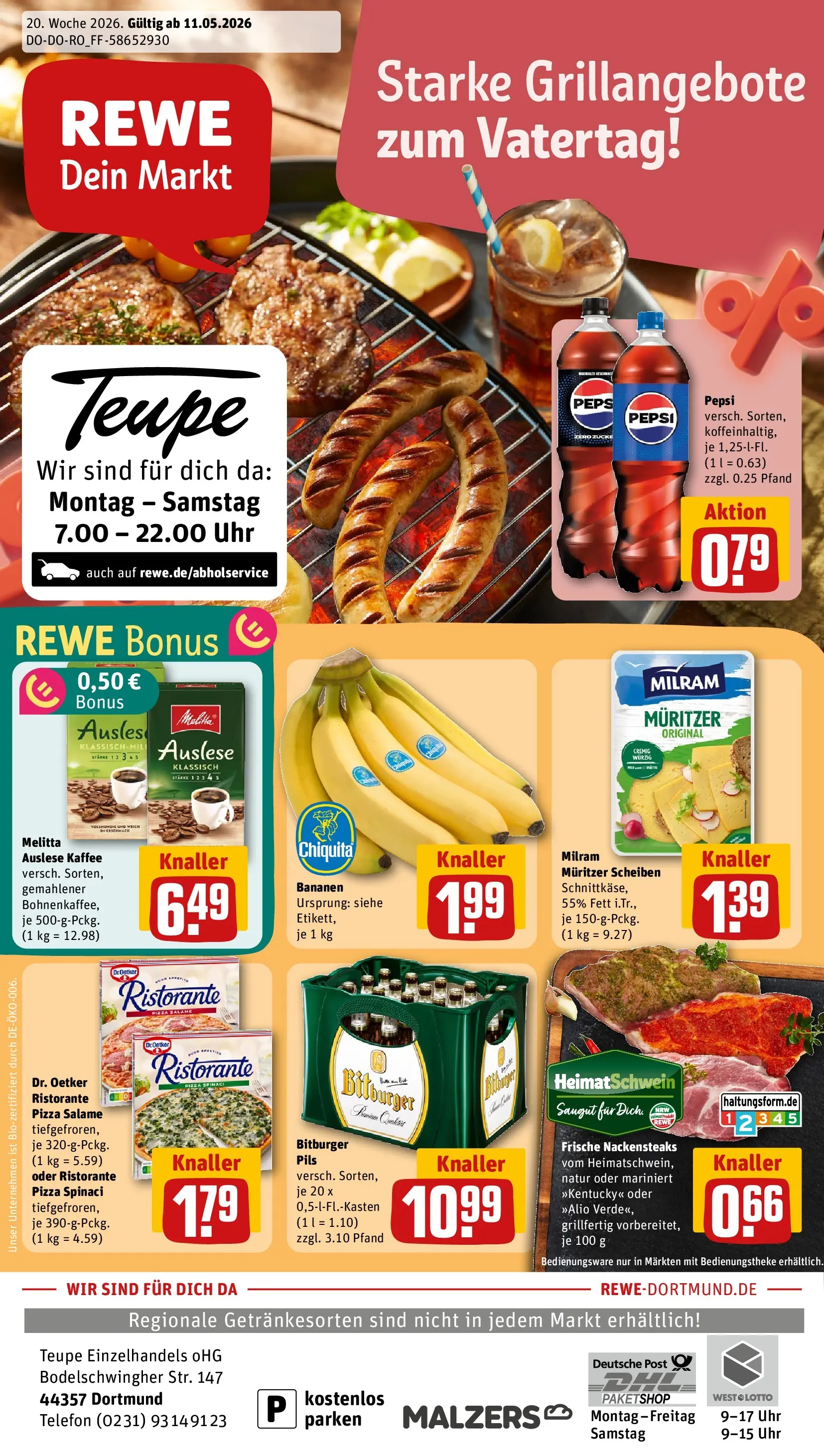 REWE Prospekt ab 10.05.2026 zum Blättern » Angebote | Seite: 1 | Produkte: Bitburger, Kaffee, Milram, Uhr