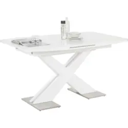 Esstisch 140-175/85/76 cm Nachbildung Metall, Glas, Holzwerkstoff ausziehbar rechteckig Wei&szlig; Hochglanz