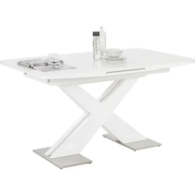 Esstisch 140-175/85/76 cm Nachbildung Metall, Glas, Holzwerkstoff ausziehbar rechteckig Wei&szlig; Hochglanz