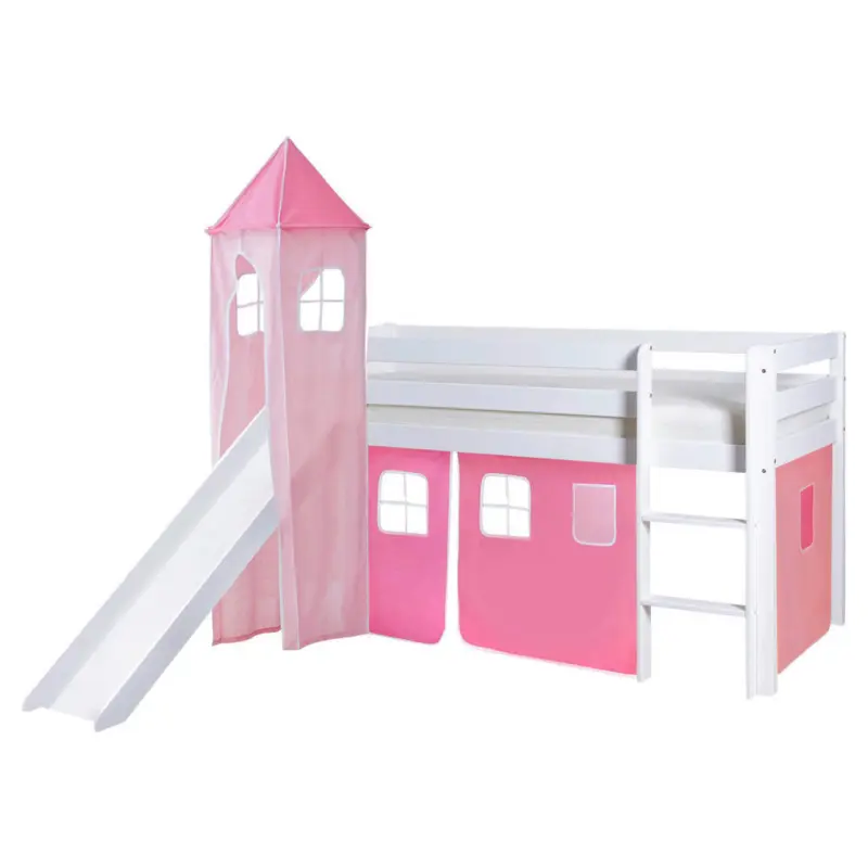 Spielbett Absturzsicherung, Leiter, Rutsche, Turm, Vorhang 90/200 cm in Rosa, Wei&szlig;, Hellrosa