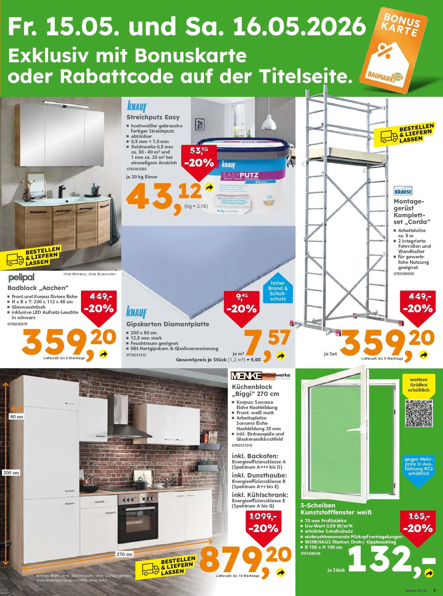 Globus Baumarkt Prospekt Achern	 (ab 15.05.2026) zum Blättern | Seite: 3 | Produkte: Küchenblock, Kühlschrank, Backofen