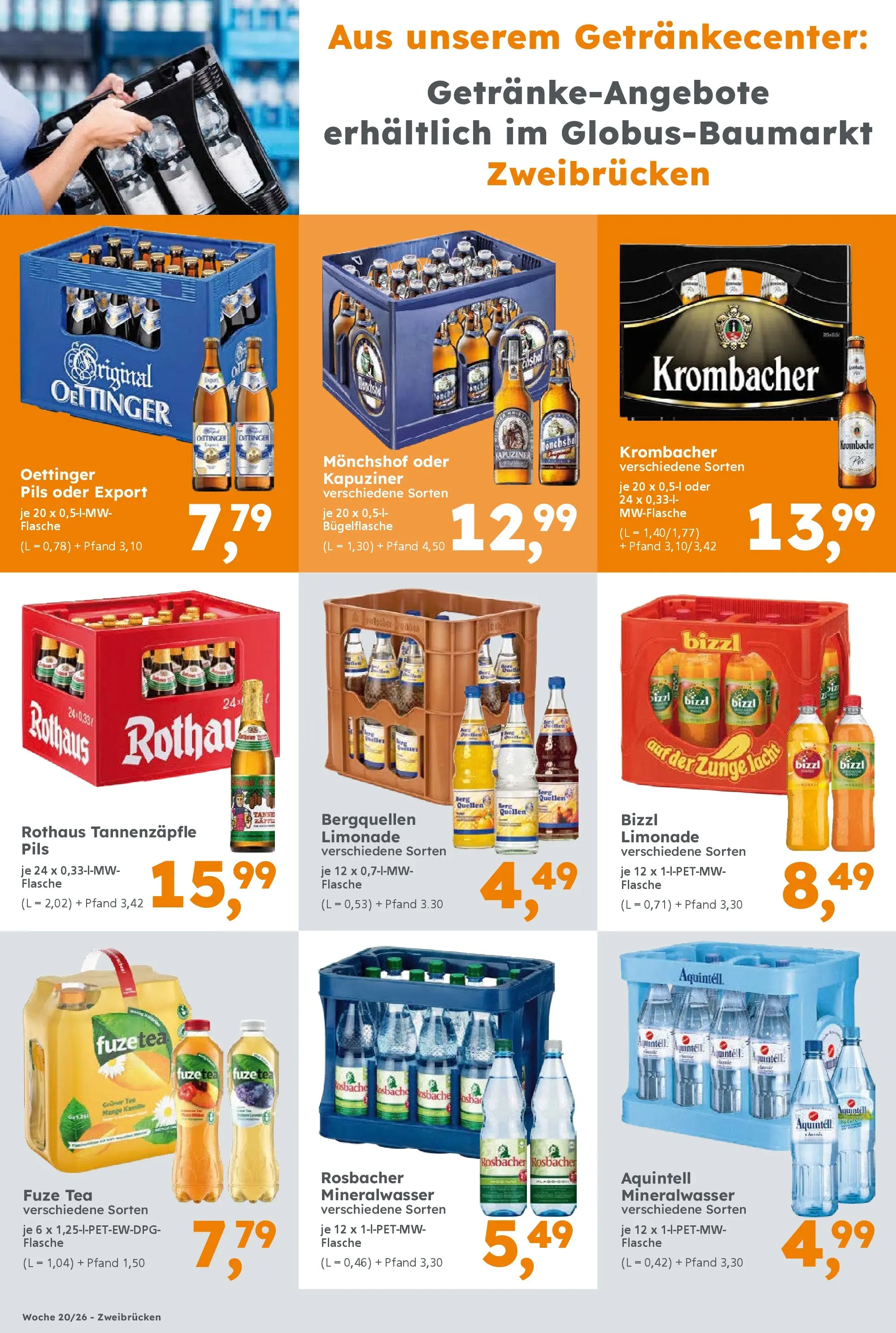 Globus Baumarkt Prospekt Homburg	 (ab 15.05.2026) zum Blättern | Seite: 4 | Produkte: Monchshof, Fuze tea, Limonade, Krombacher