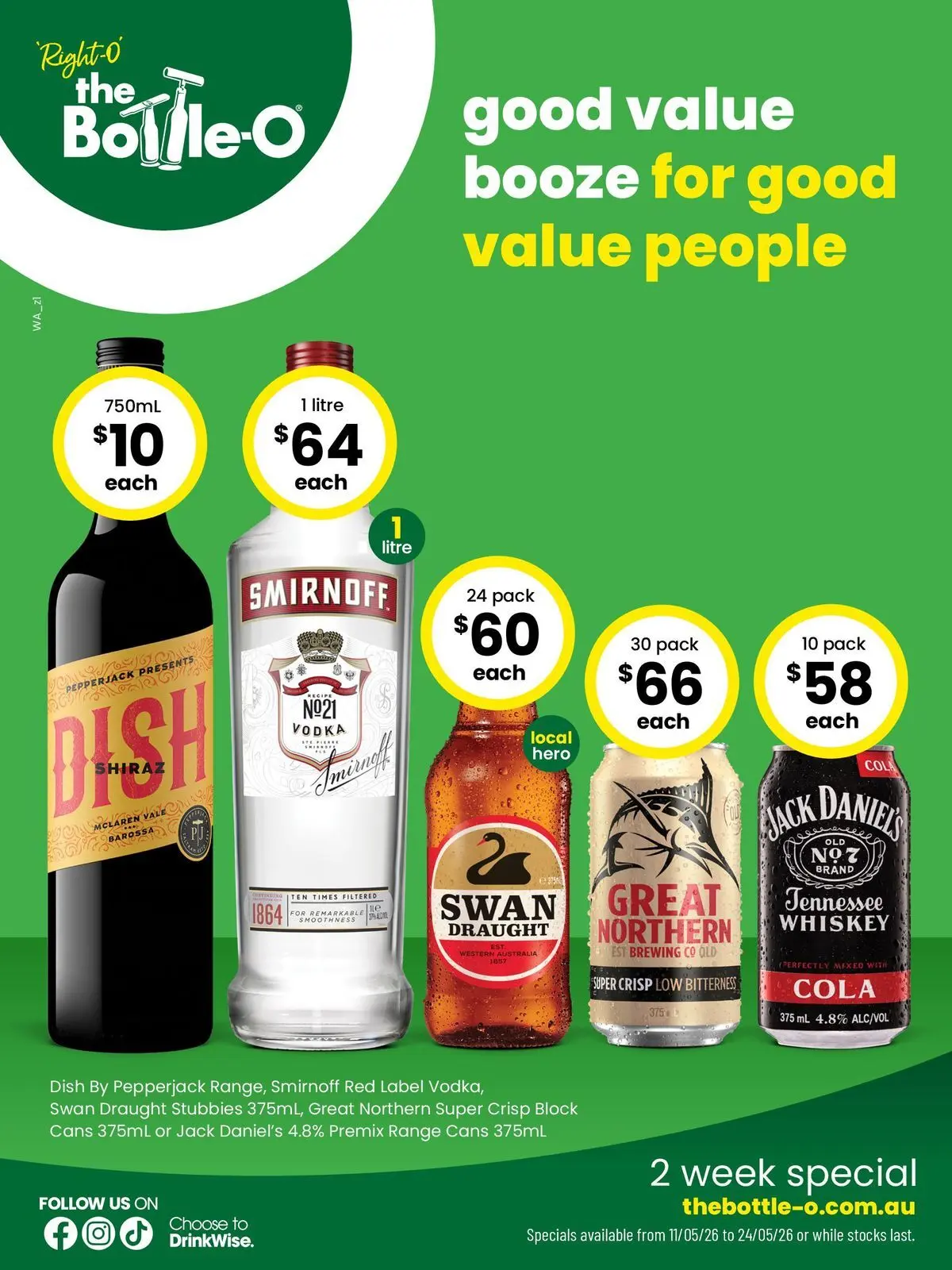 The Bottle-O - Good Value Booze, For Good Value People. 11/05 - 10/05/2026 > weekly / monthly specials | Page: 1 | Products: Vodka, Whiskey