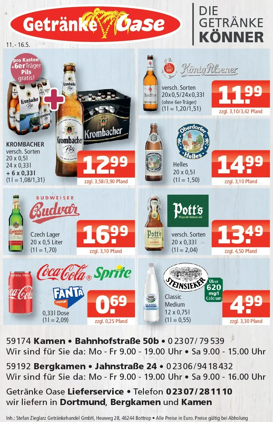 Angebote - Getränke Oase: Getränkeangebote (ab 10.05.2026) zum Blättern | Seite: 1 | Produkte: Krombacher, Budweiser, Telefon, Uhr