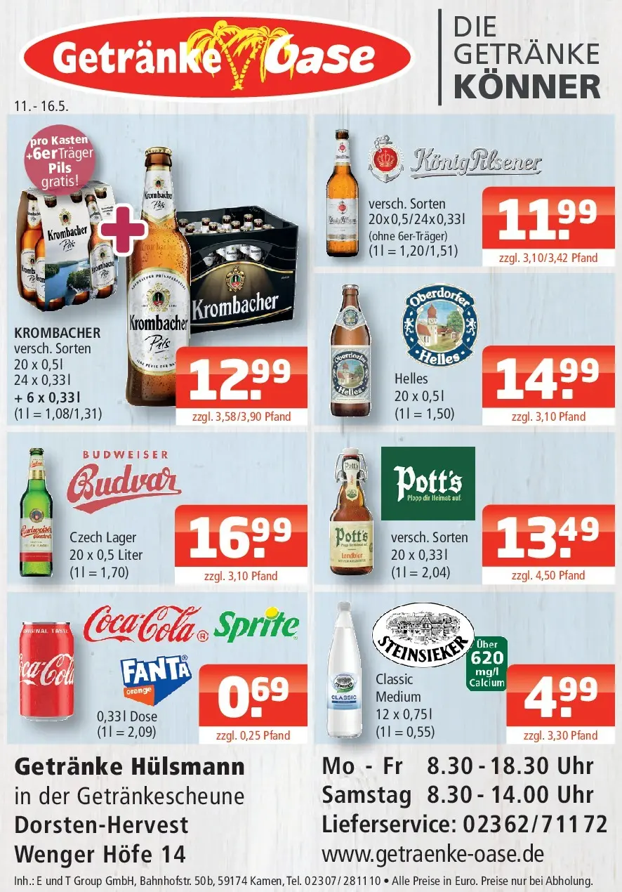 Angebote - Getränke Oase: Getränkeangebote (ab 10.05.2026) zum Blättern | Seite: 1 | Produkte: Konig pilsener, Krombacher, Budweiser, Uhr