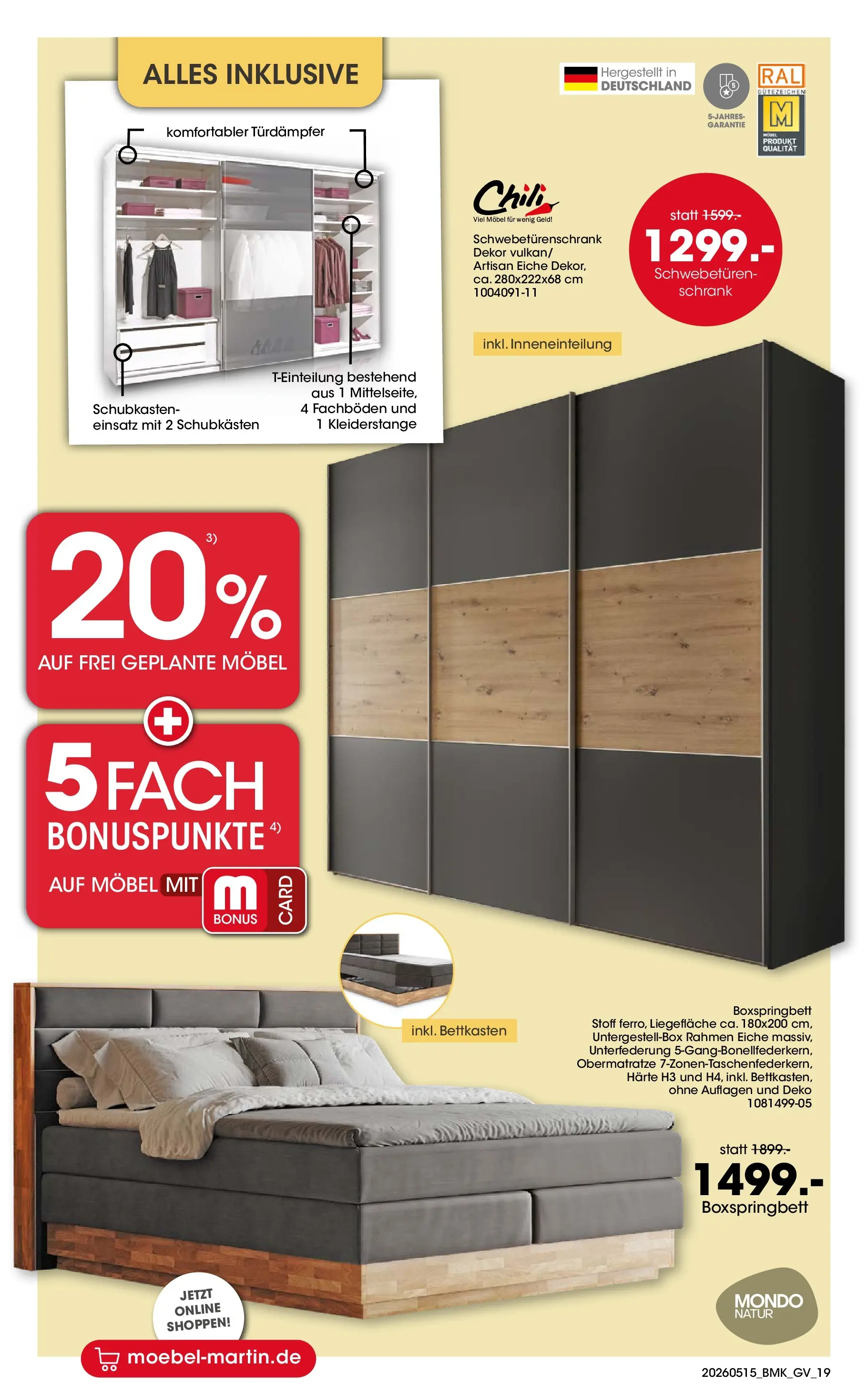 Möbel Martin Mai-Angebote (ab 15.05.2026) zum Blättern | Seite: 19 | Produkte: Schwebetürenschrank, Boxspringbett, Schrank, Chili