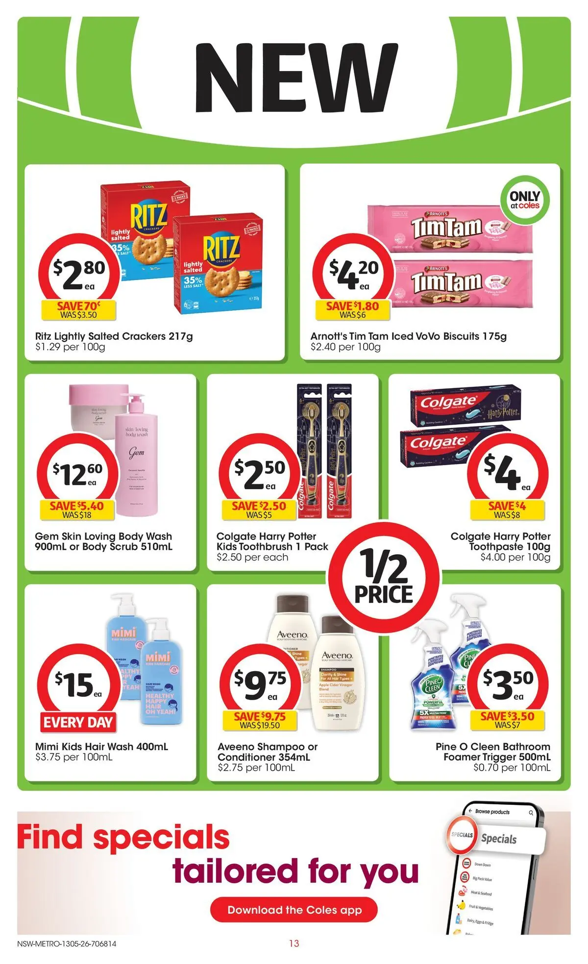 ﻿Coles catalogue valid from 13/05/2026 > Online Australia | Page: 13 | Products: Biscuits, Toothbrush, Body scrub, Bathroom