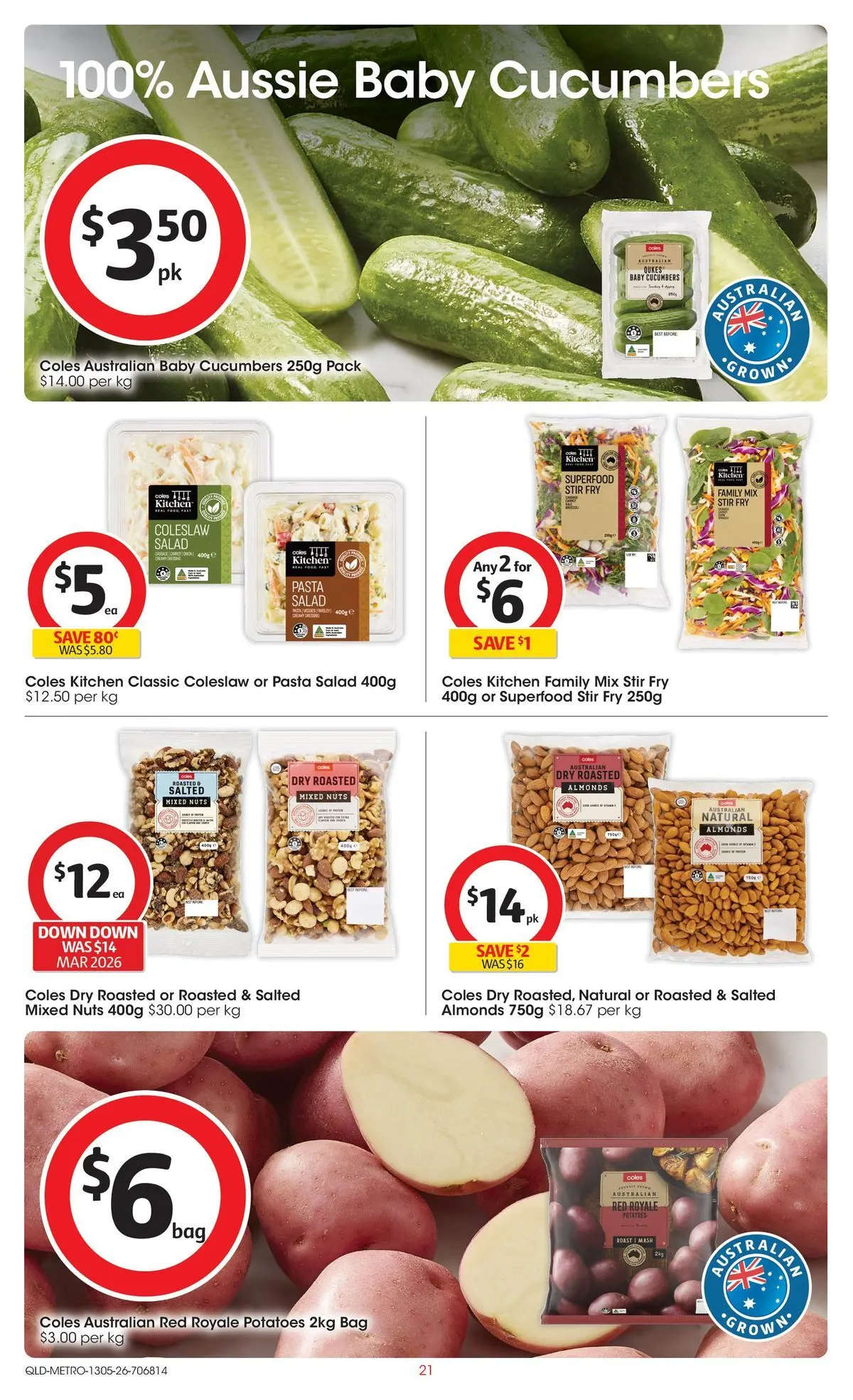 ﻿Coles catalogue valid from 13/05/2026 > Online Australia | Page: 21 | Products: Almonds, Cucumbers, Potatoes, Bag
